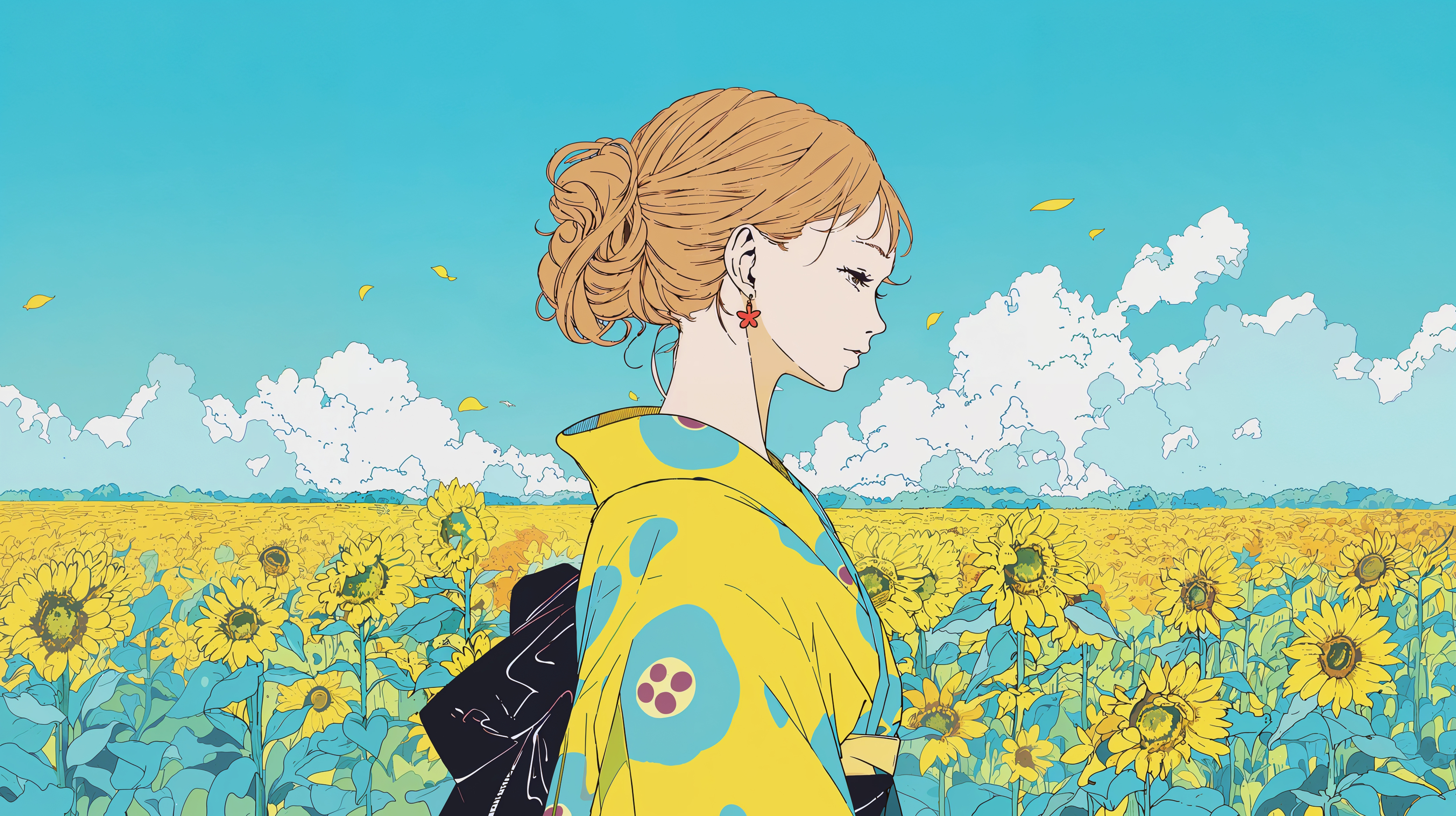 ひまわり畑に浴衣を着て立つ女性のイラスト no.2