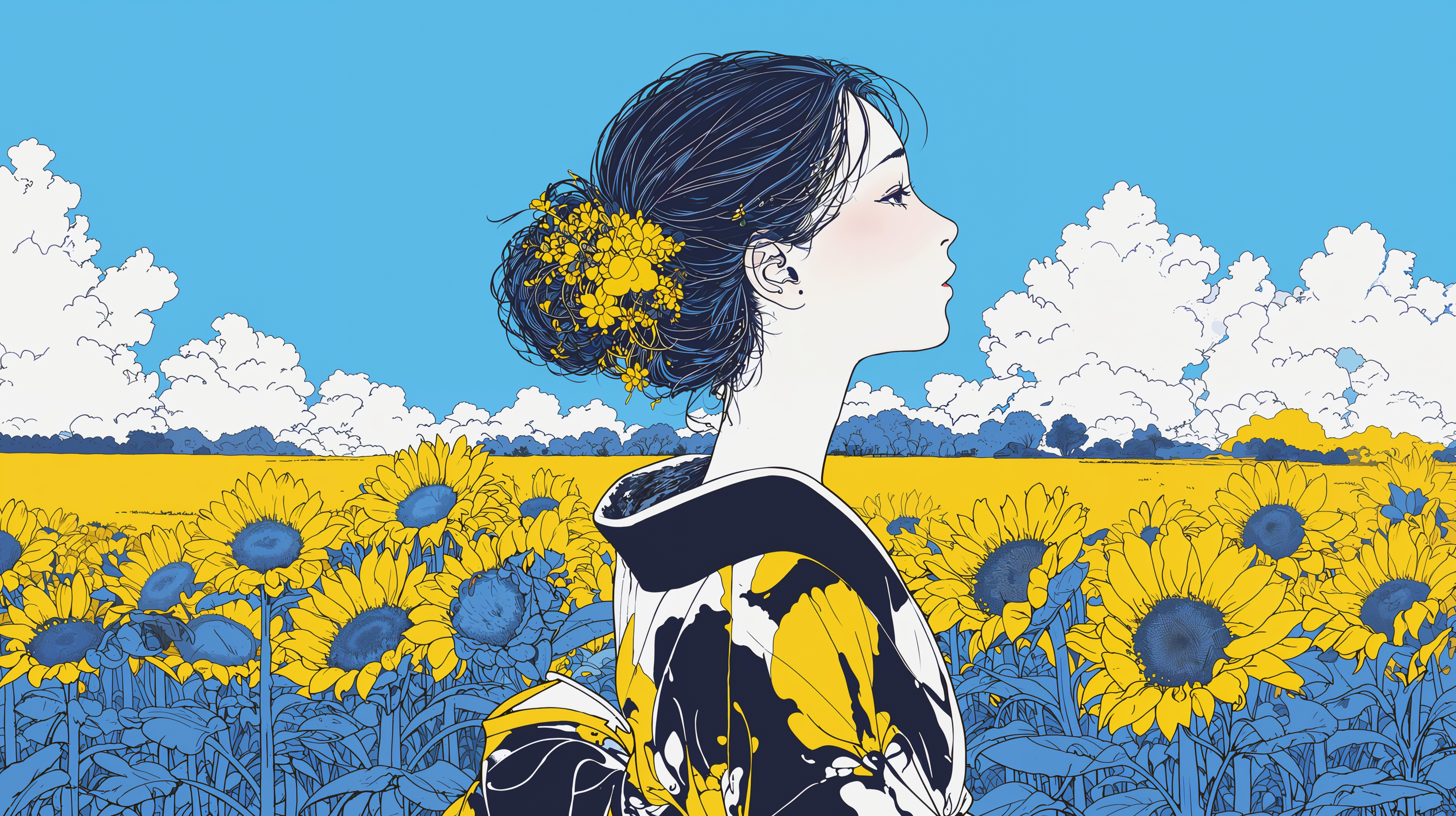 ひまわり畑に浴衣を着て立つ女性のイラスト no.3