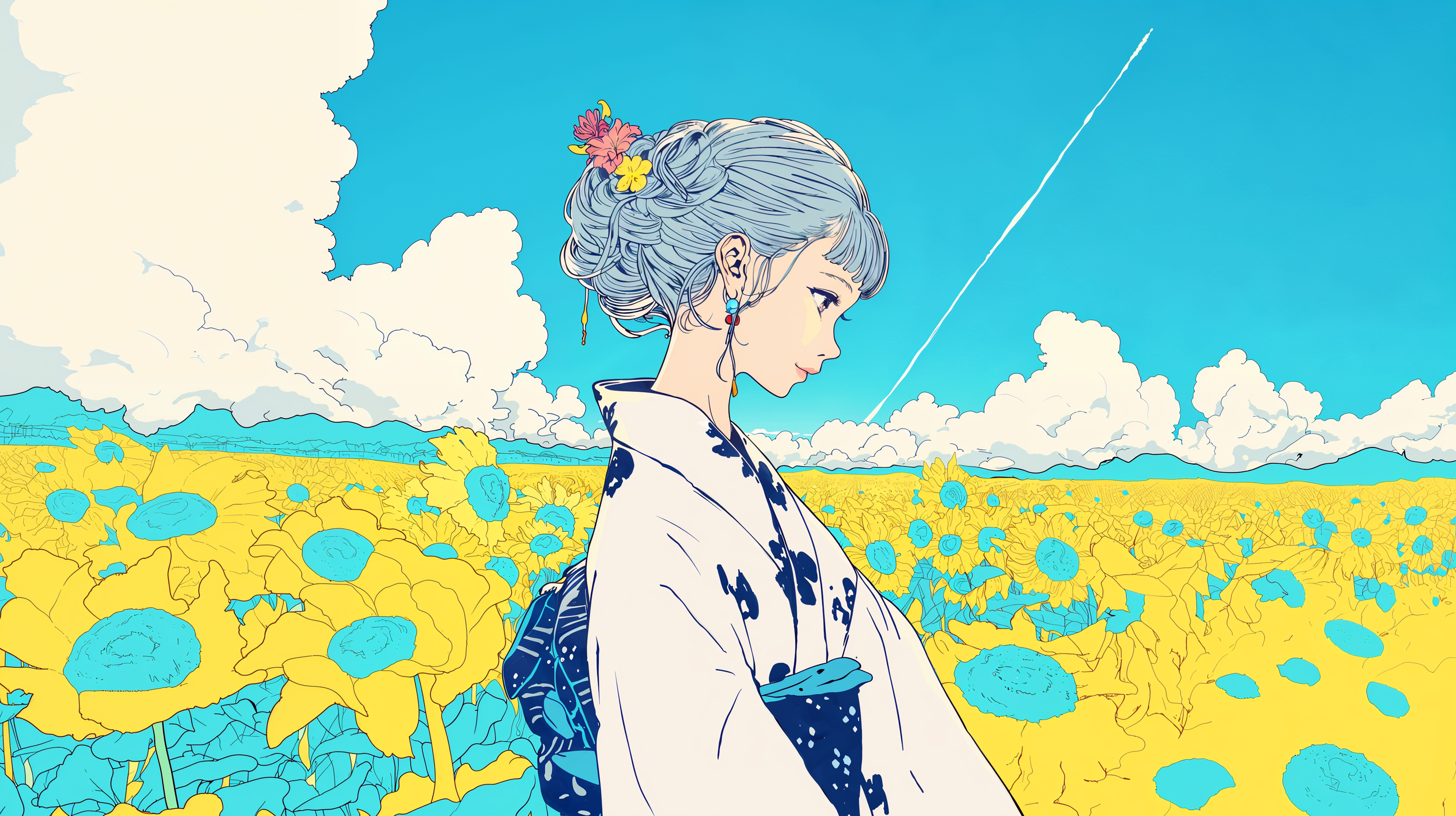 ひまわり畑に浴衣を着て立つ女性のイラスト no.4