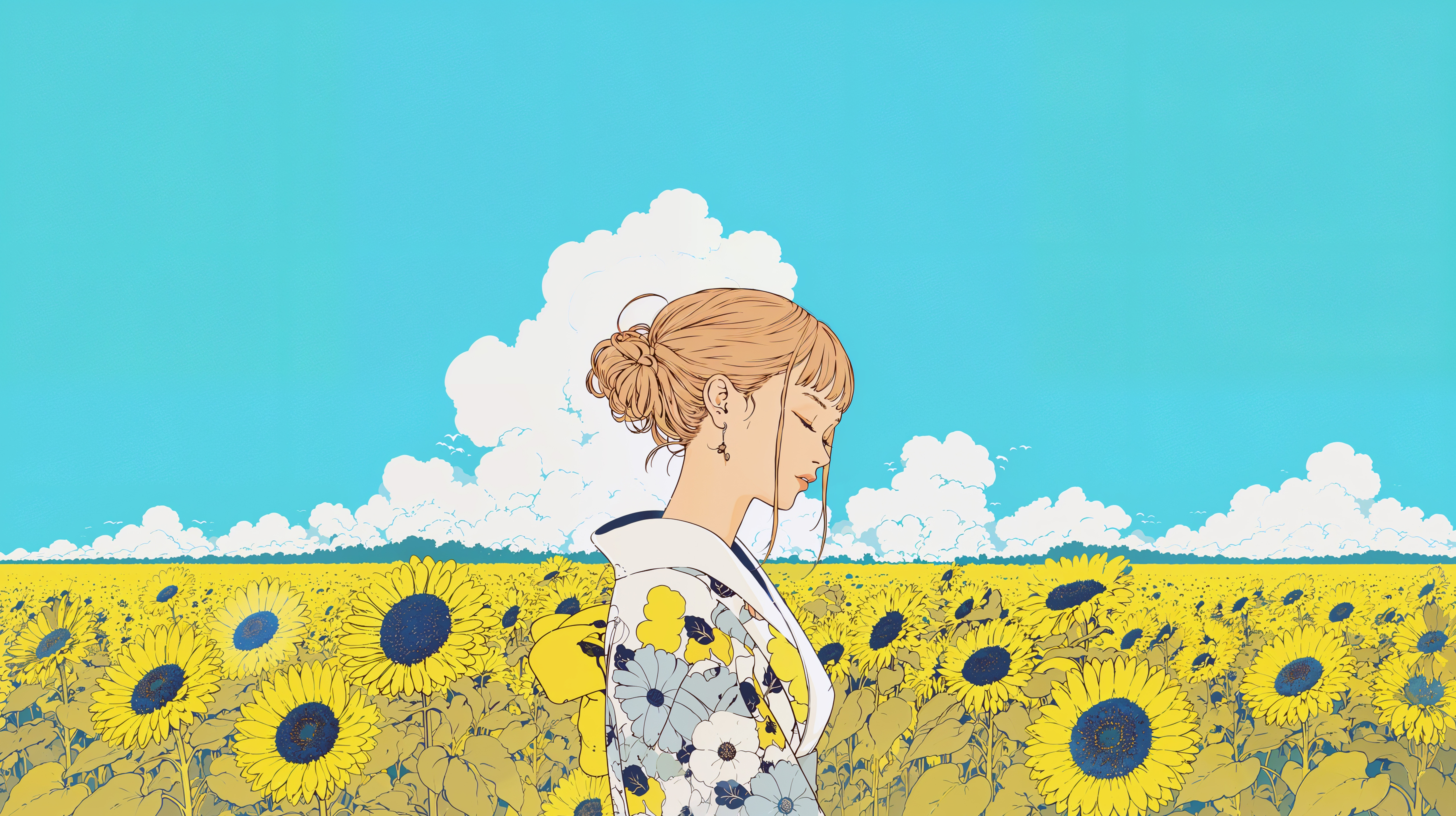 ひまわり畑に浴衣を着て立つ女性のイラスト no.5