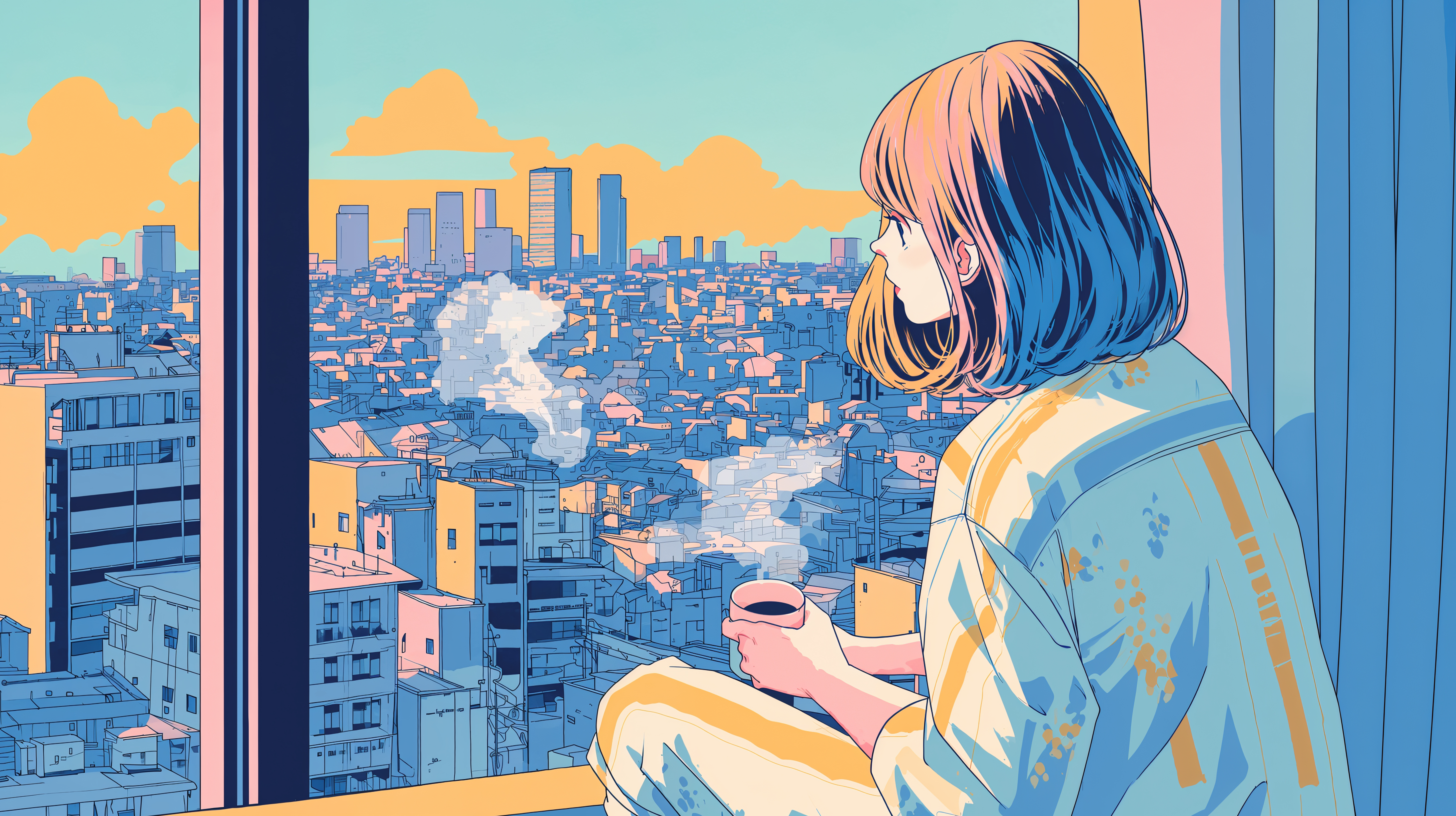 コーヒーを飲みながら朝日に染まる都会の街を眺める女の子のイラスト no.1