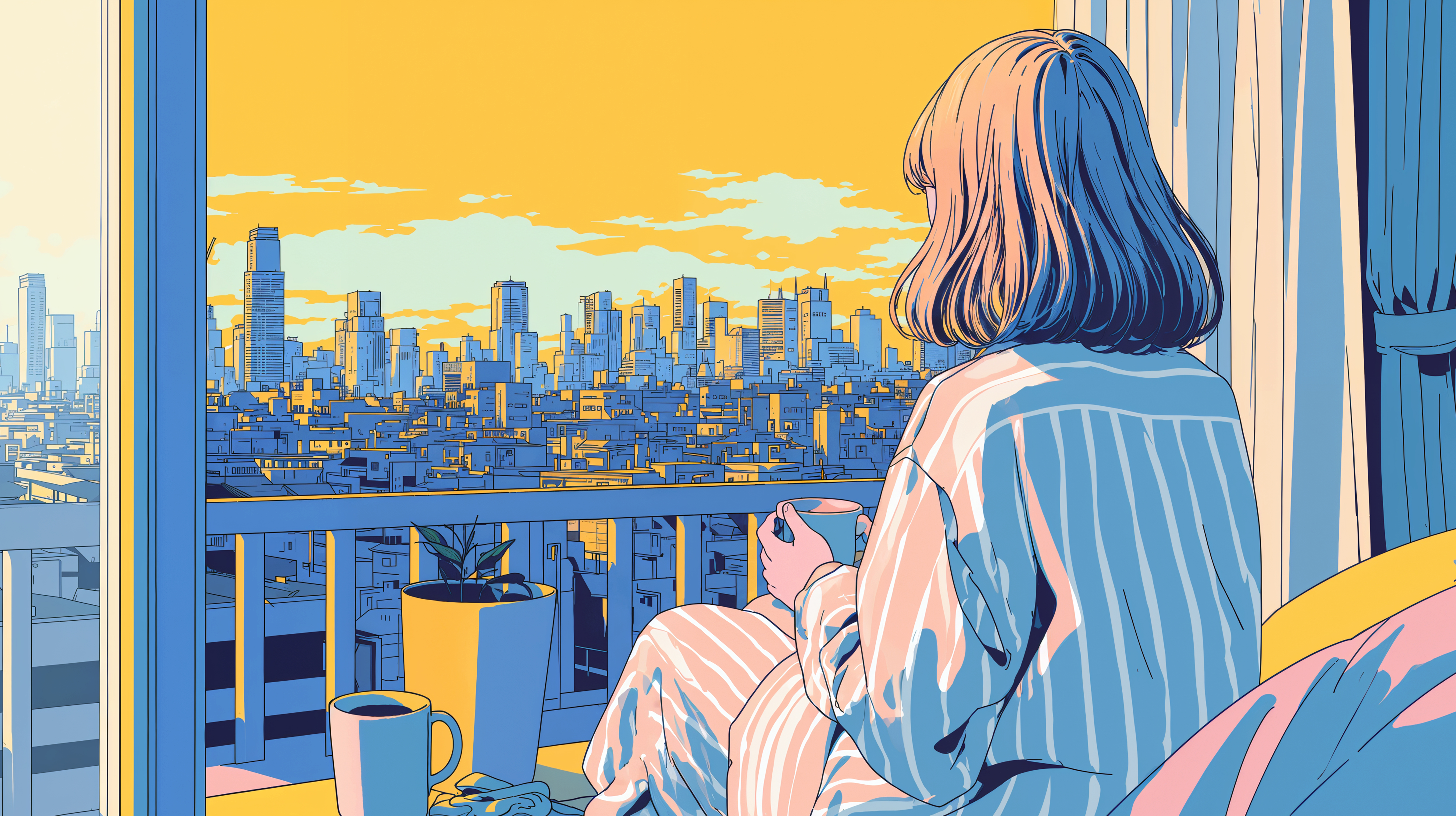 コーヒーを飲みながら朝日に染まる都会の街を眺める女の子のイラスト no.2