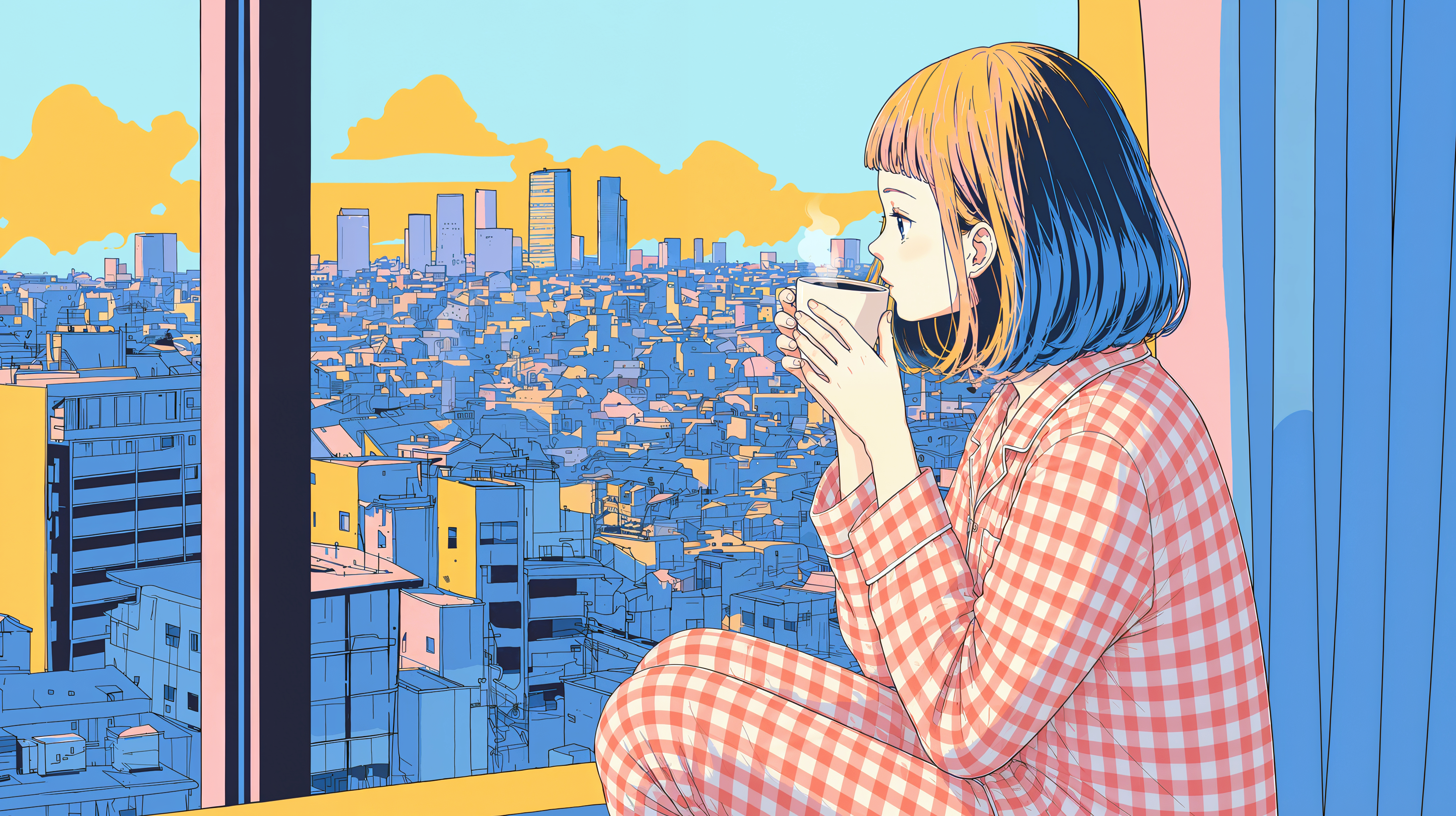コーヒーを飲みながら朝日に染まる都会の街を眺める女の子のイラスト no.3