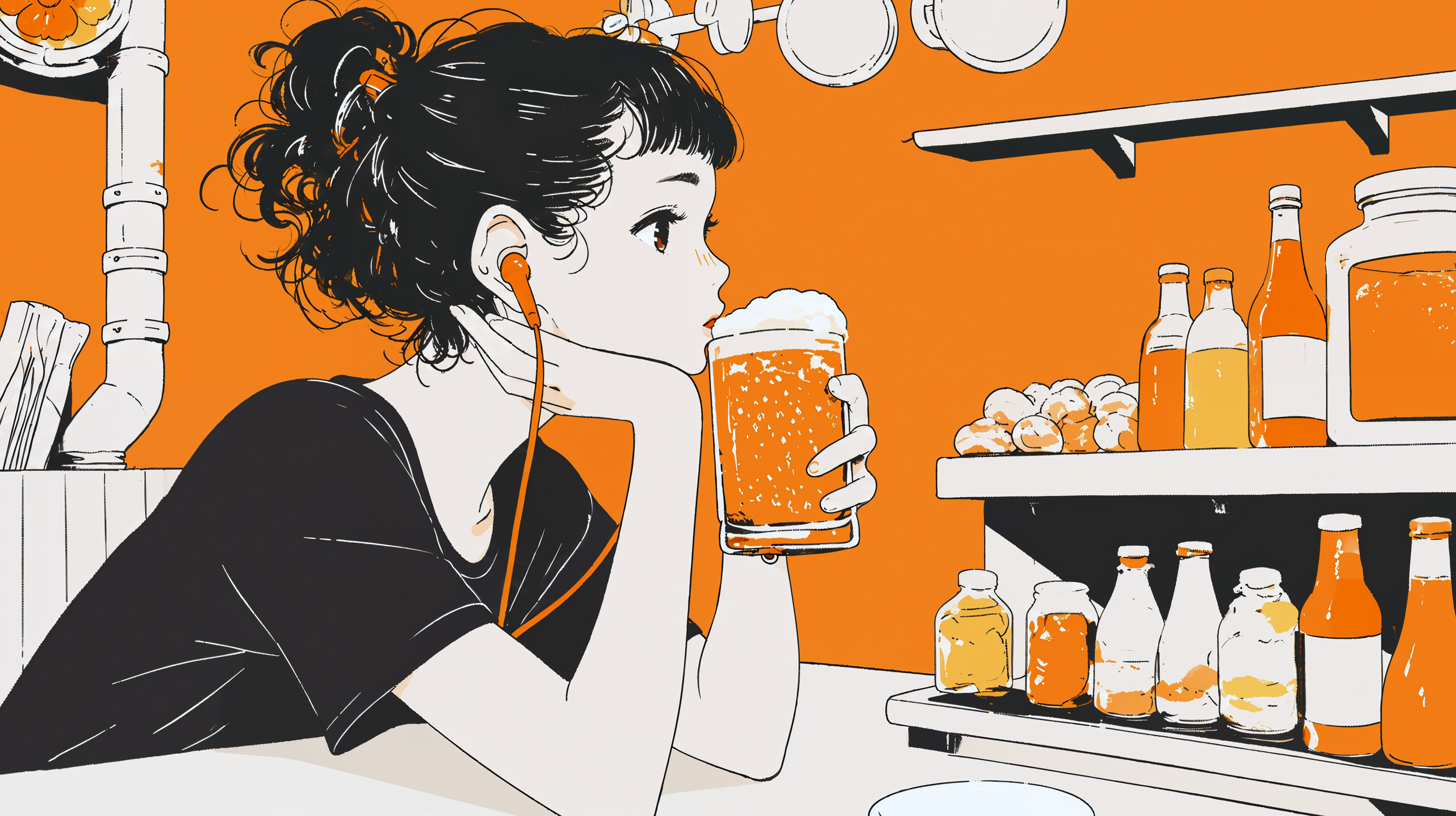 カウンターでひとり、ビールを飲む女の子のイラスト no.3