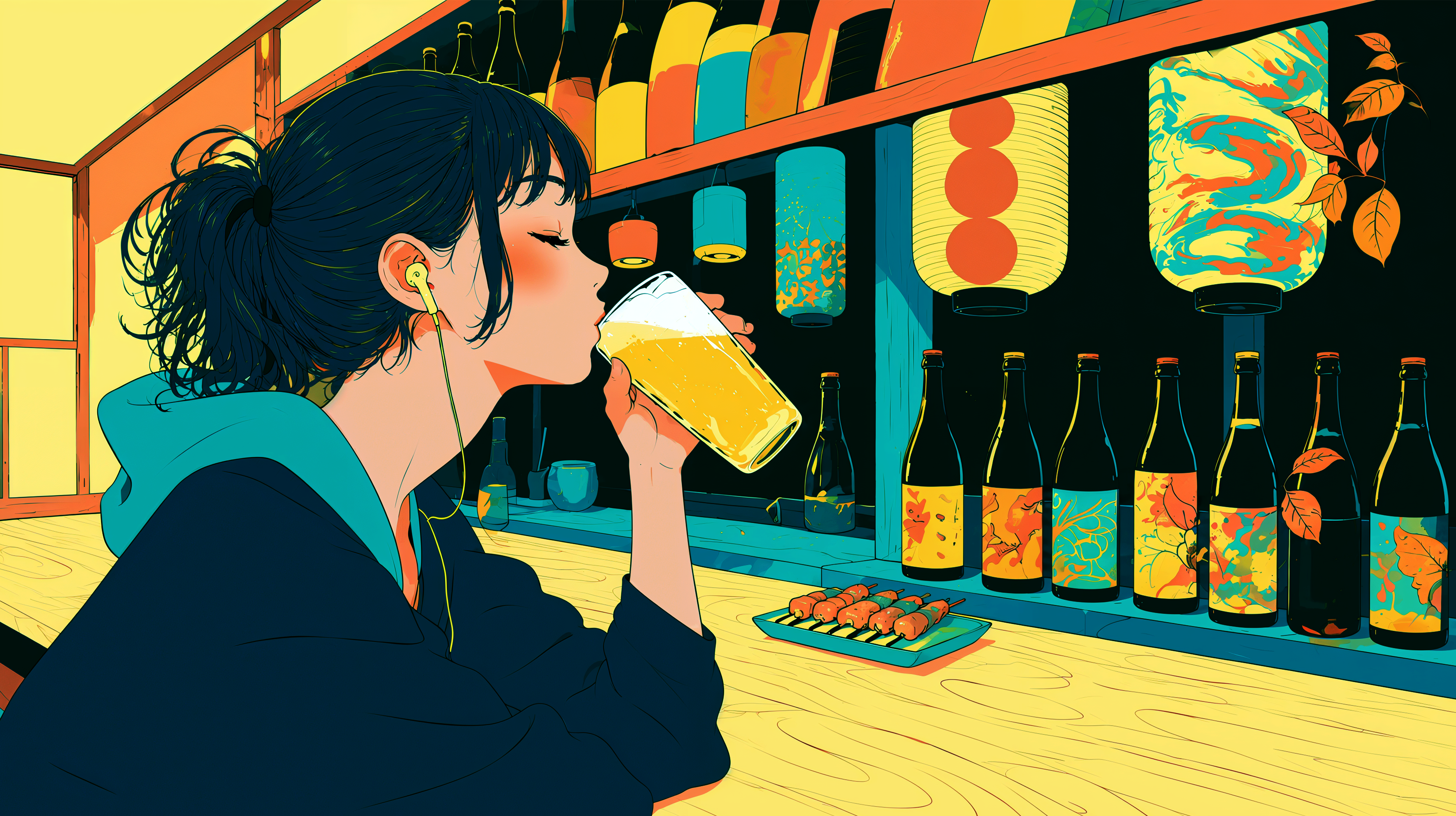 カウンターでひとり、ビールを飲む女の子のイラスト no.4