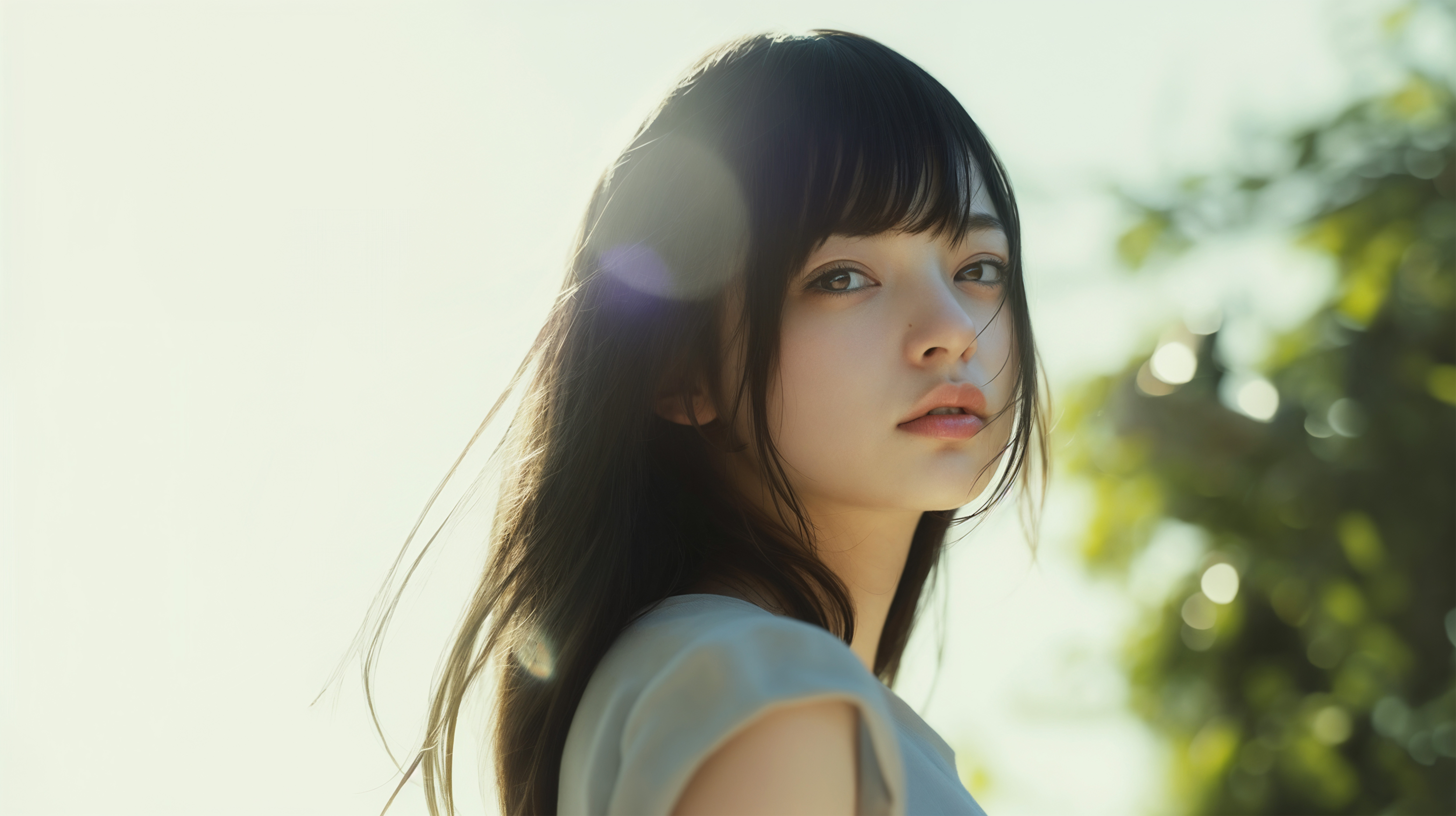 新緑の中優しい光に包まれる女性のポートレート写真風 no.3