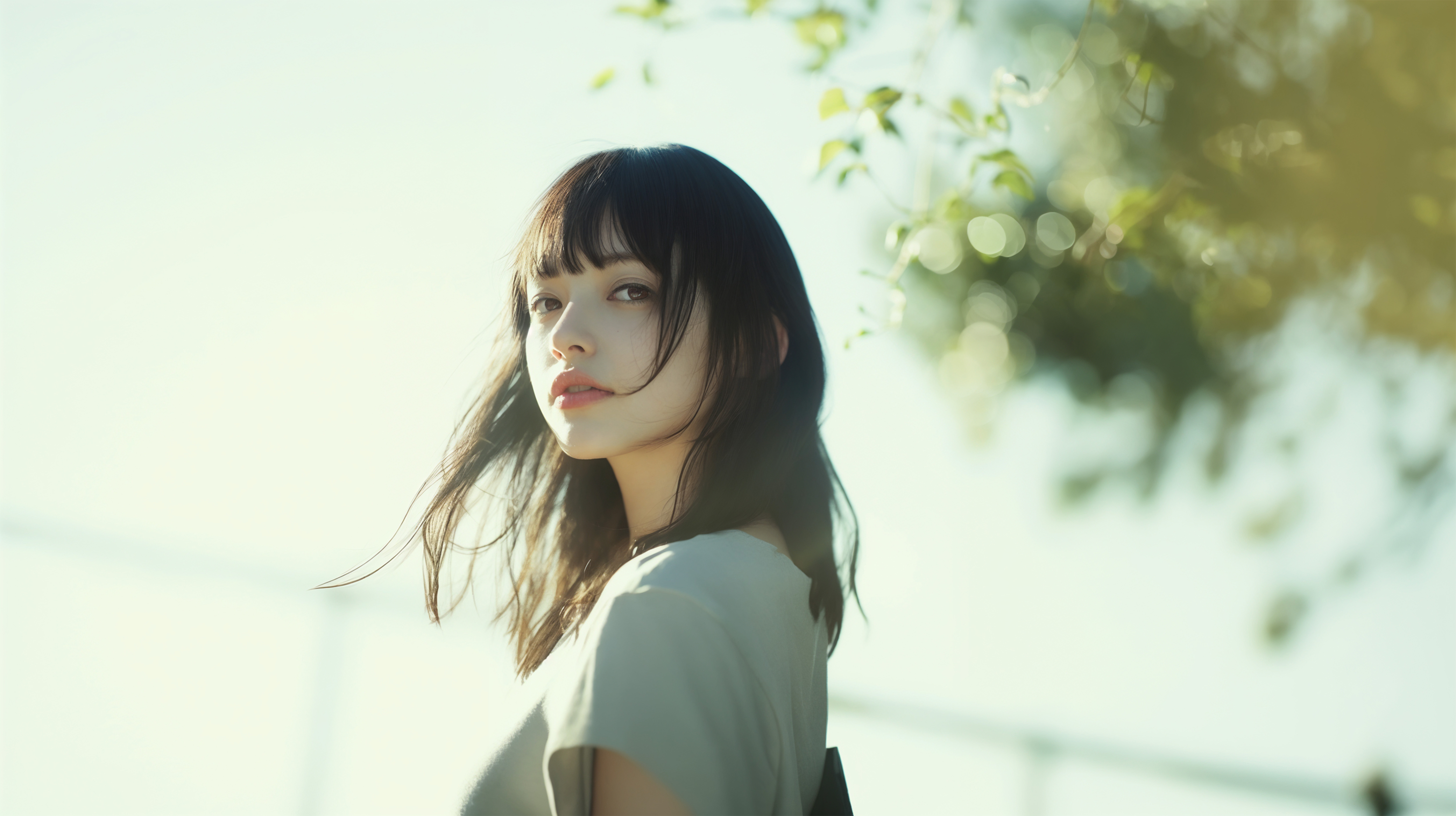 新緑の中優しい光に包まれる女性のポートレート写真風 no.4