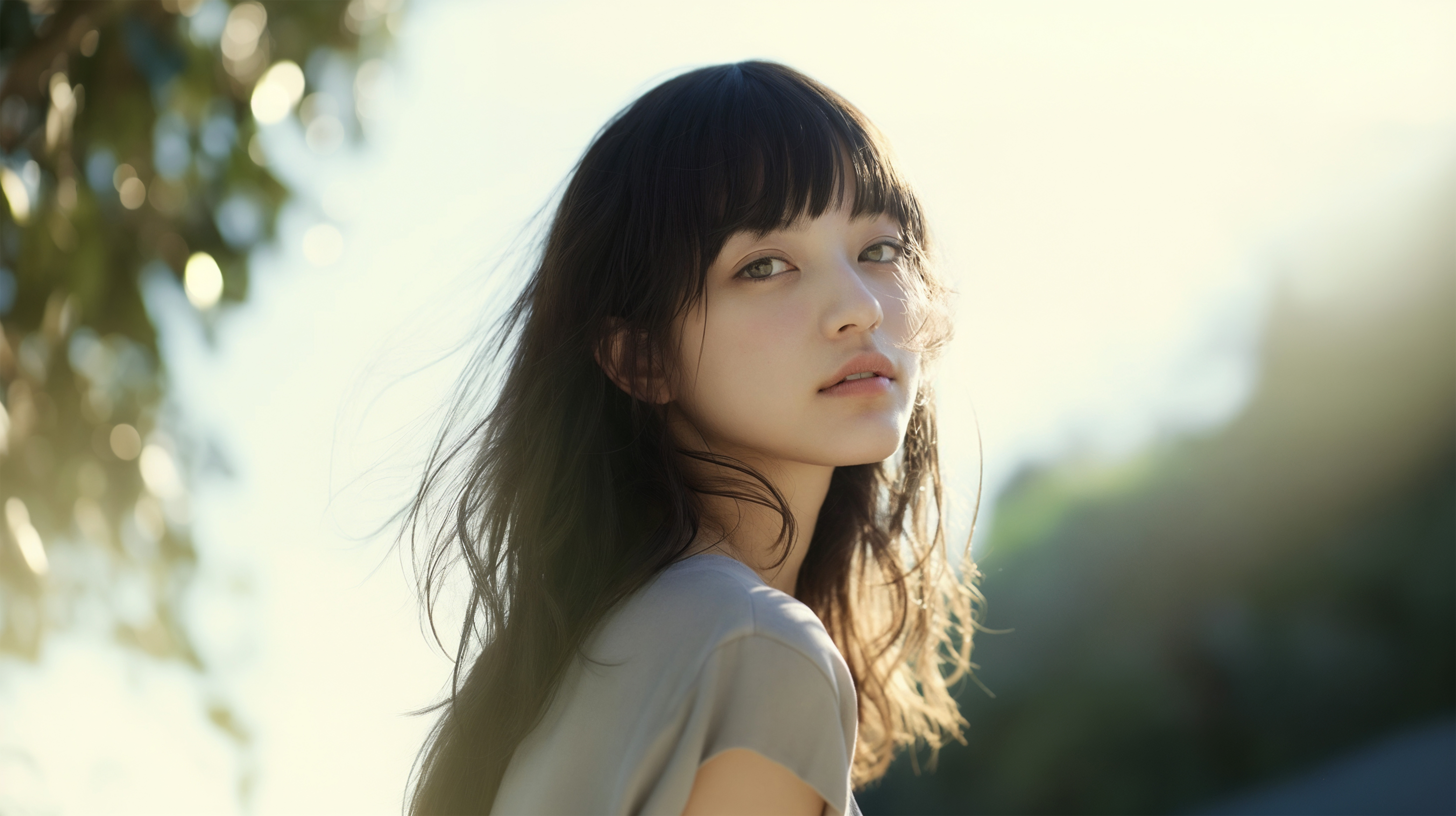 新緑の中優しい光に包まれる女性のポートレート写真風 no.7