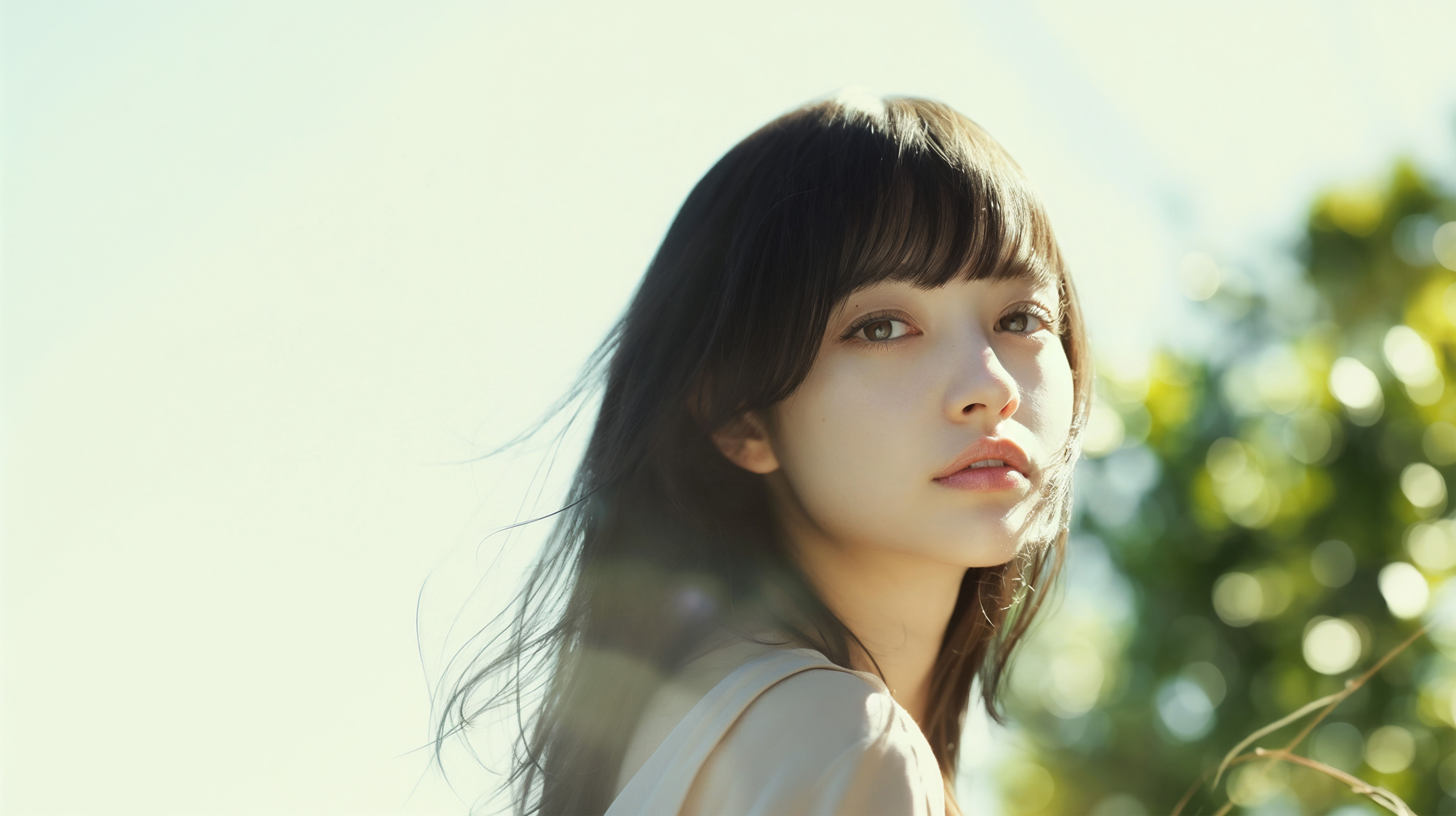 新緑の中優しい光に包まれる女性のポートレート写真風 no.8