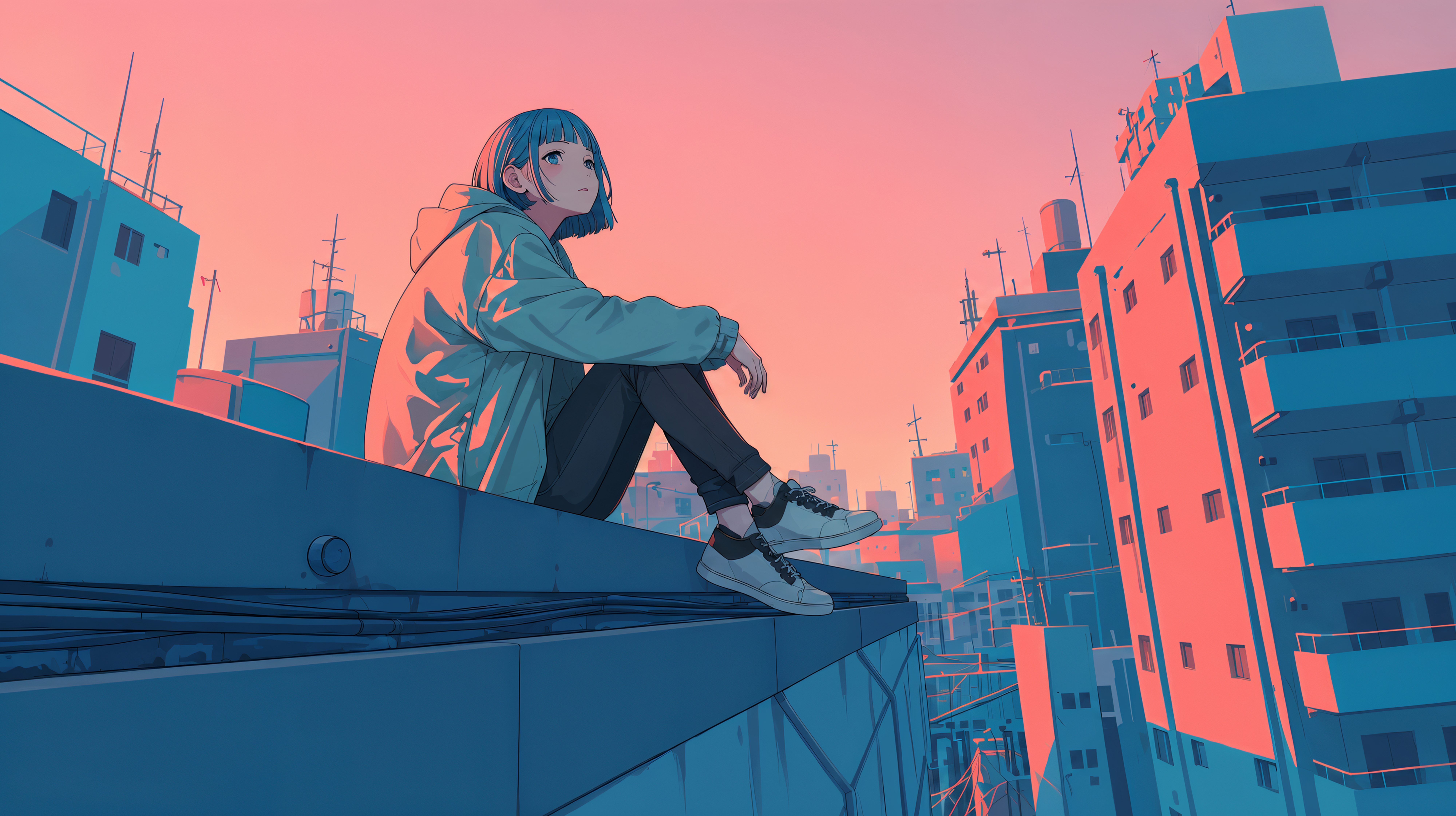屋上に座り夕焼けに染まる都会の街を眺める若い女の子のイラスト no.1