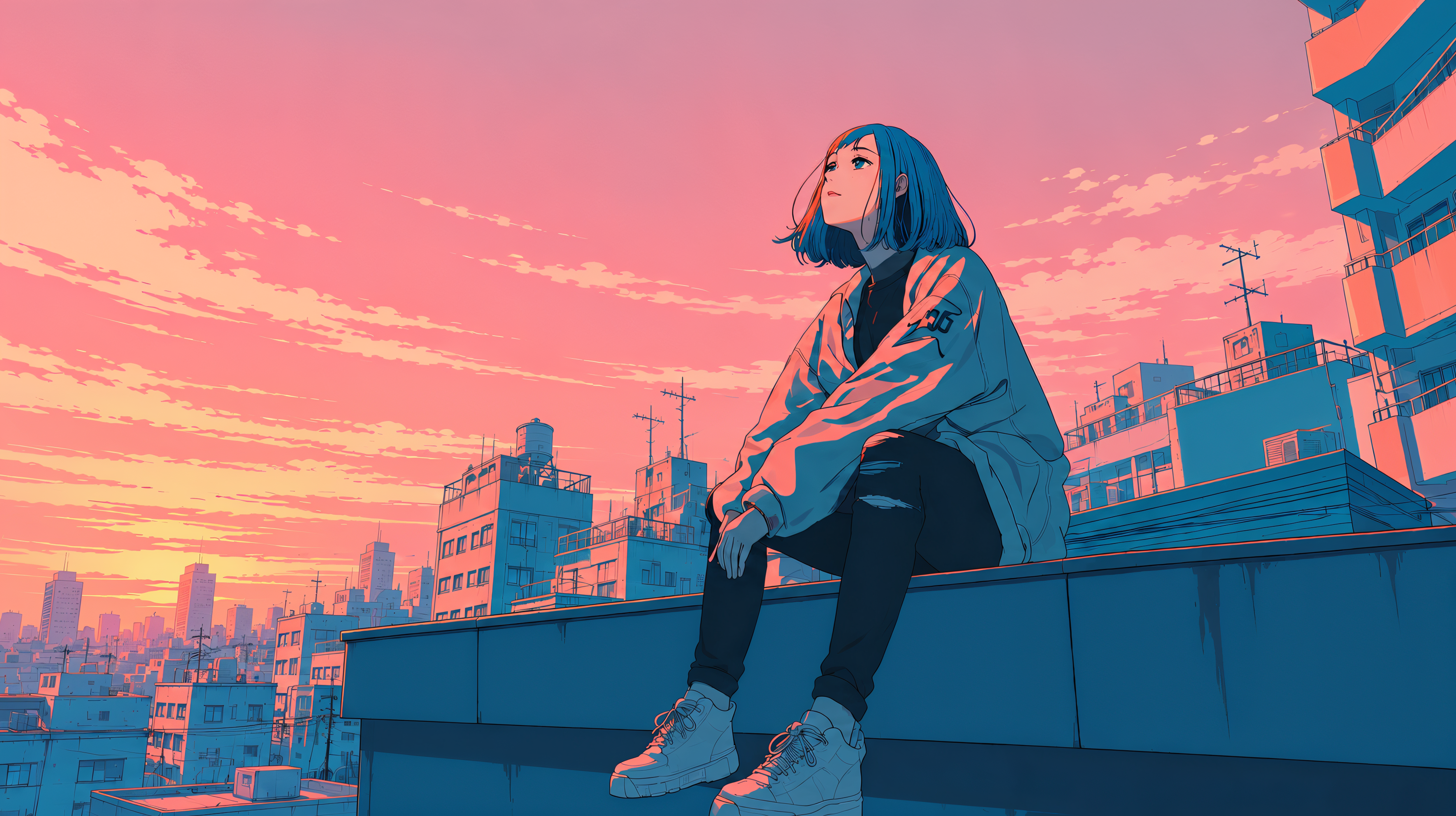 屋上に座り夕焼けに染まる都会の街を眺める若い女の子のイラスト no.2