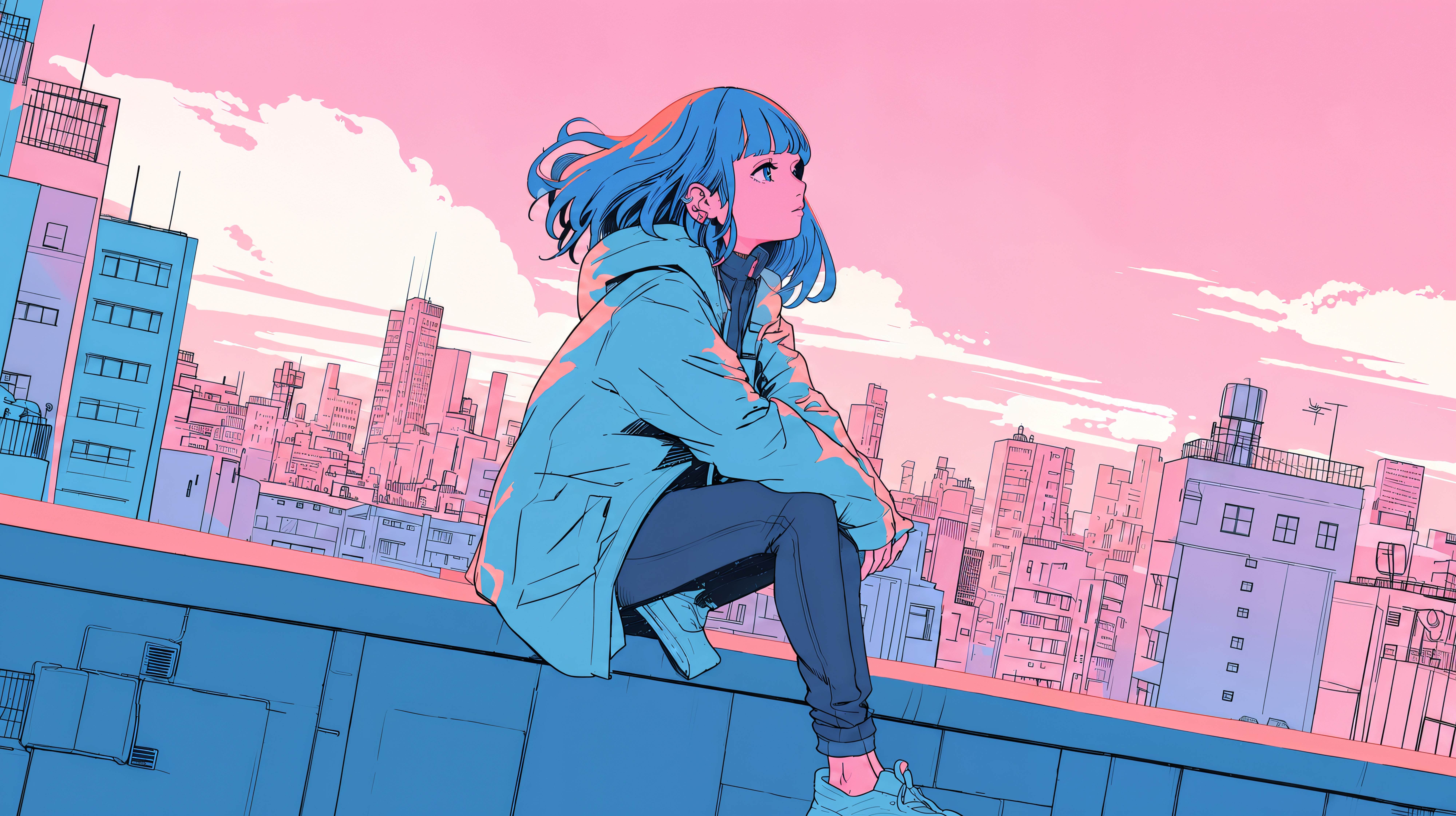 屋上に座り夕焼けに染まる都会の街を眺める若い女の子のイラスト no.3