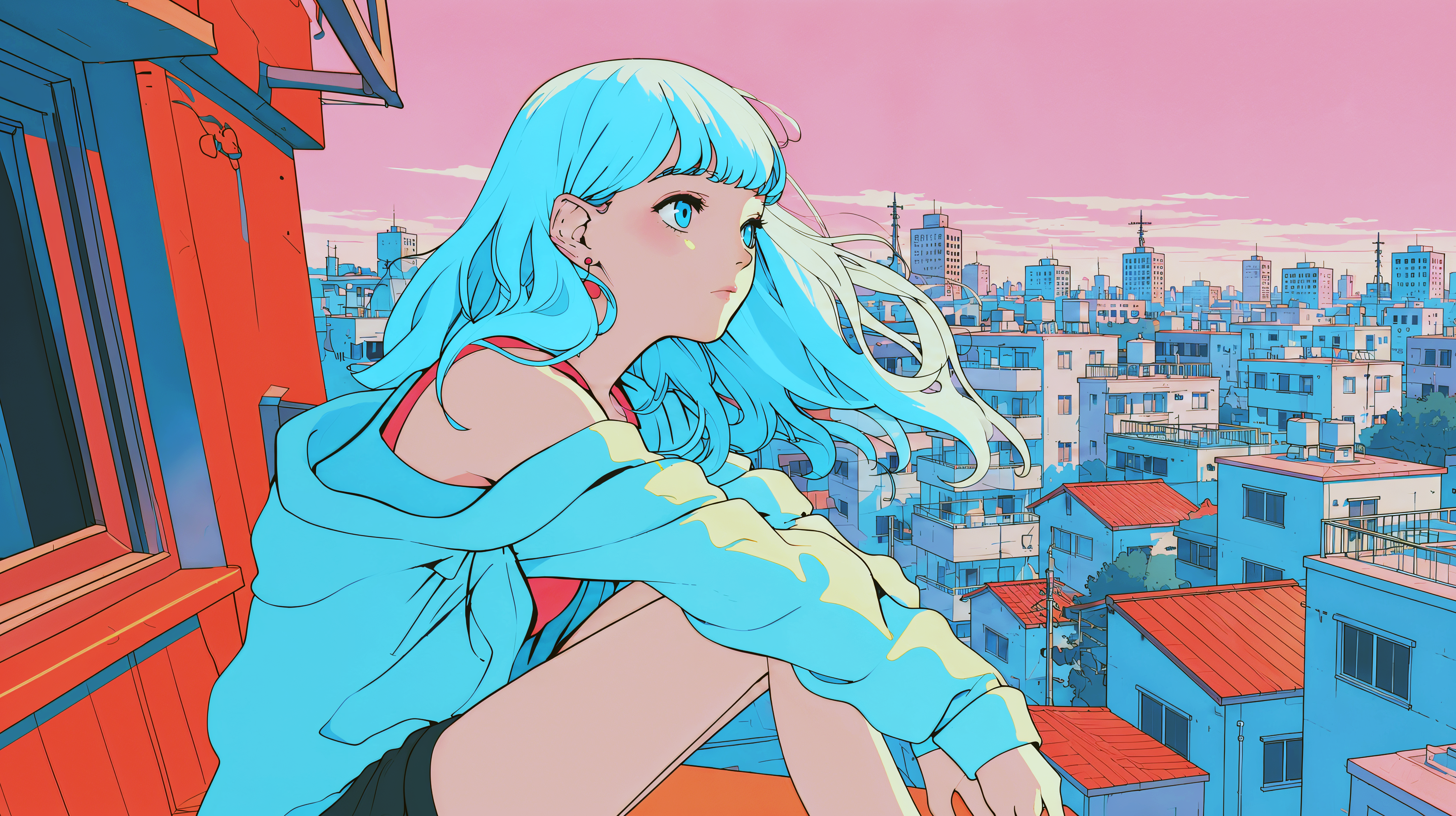 屋上に座り夕焼けに染まる都会の街を眺める若い女の子のイラスト no.5