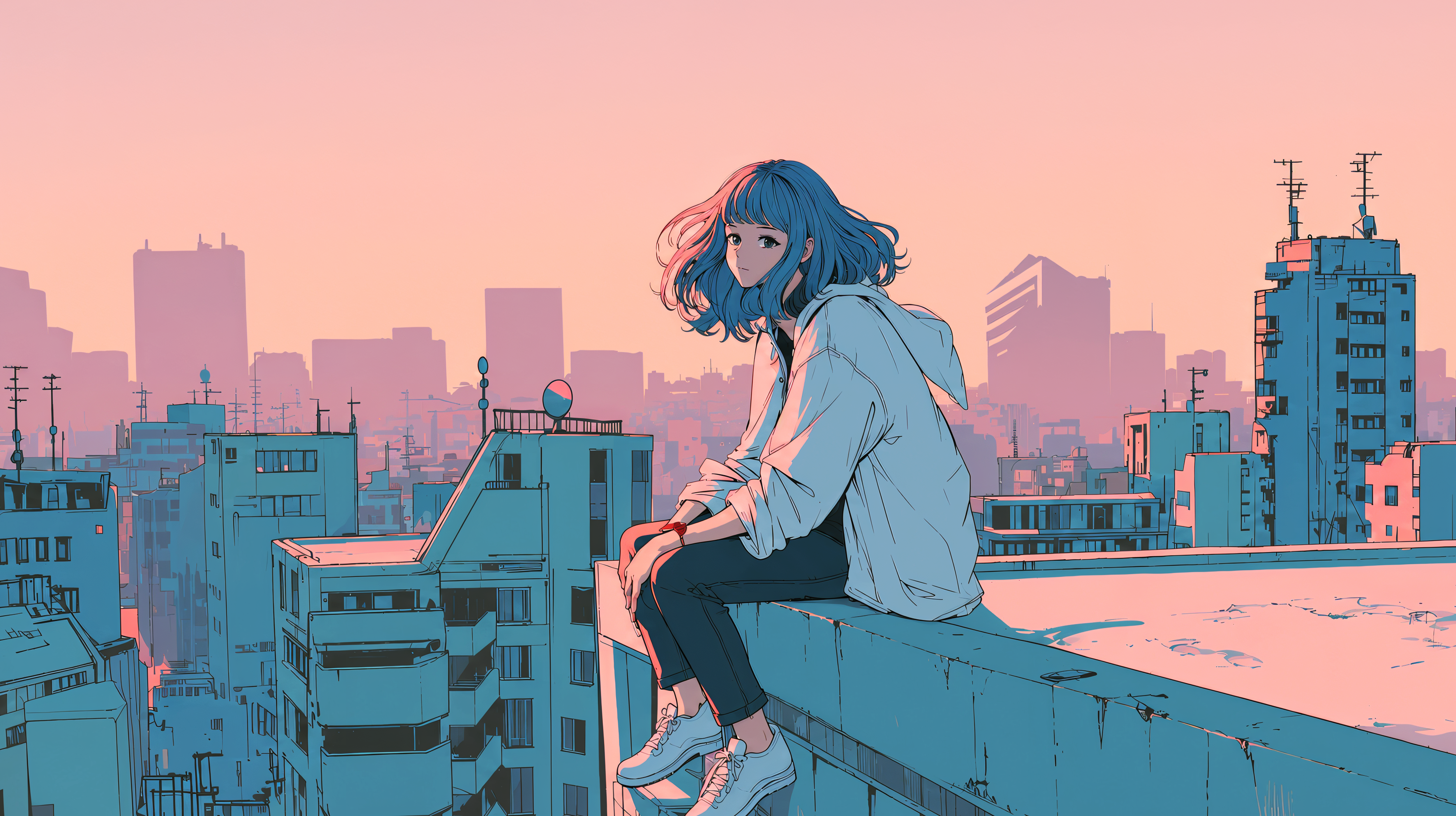 屋上に座り夕焼けに染まる都会の街を眺める若い女の子のイラスト no.7