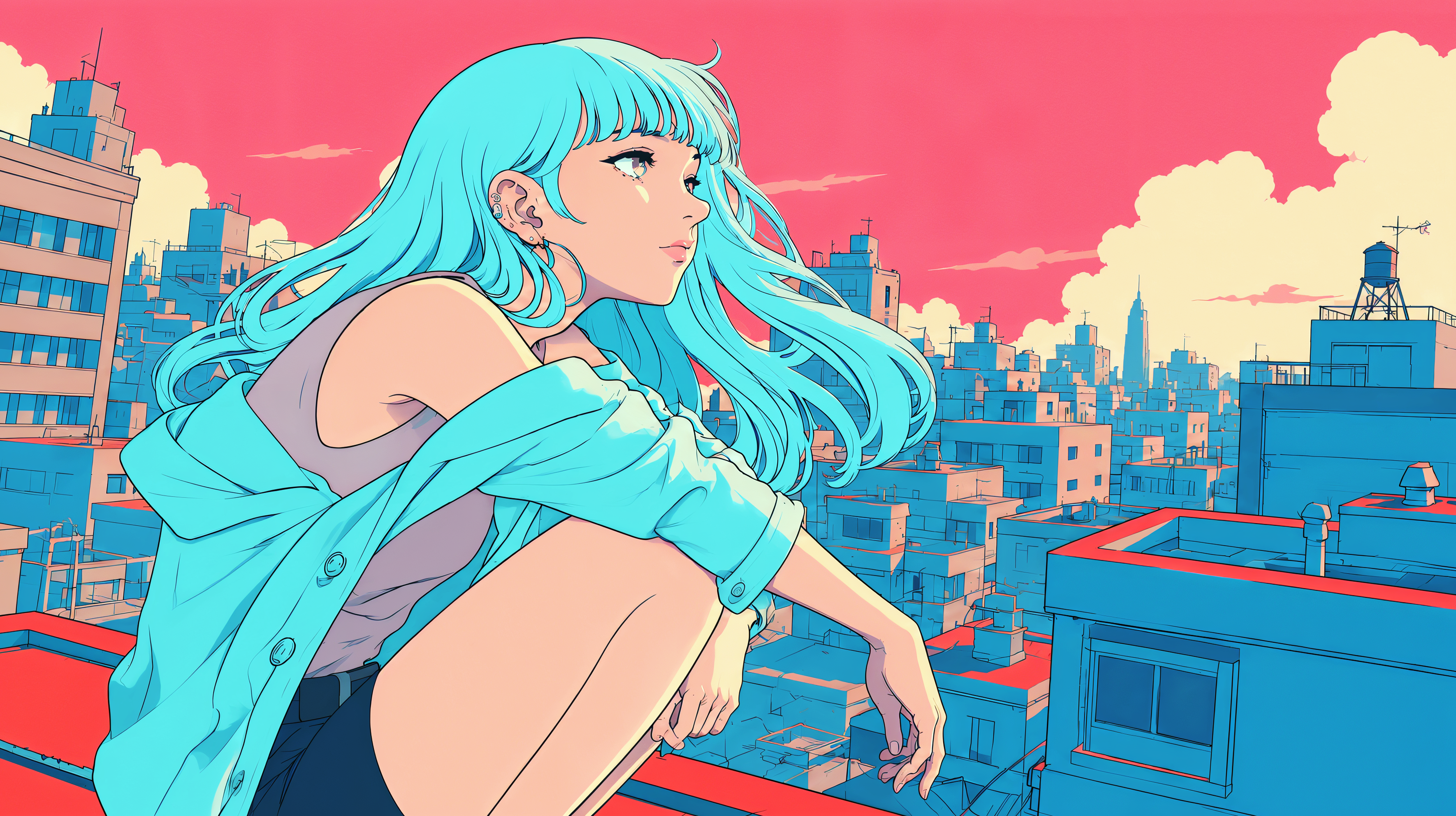 屋上に座り夕焼けに染まる都会の街を眺める若い女の子のイラスト no.8