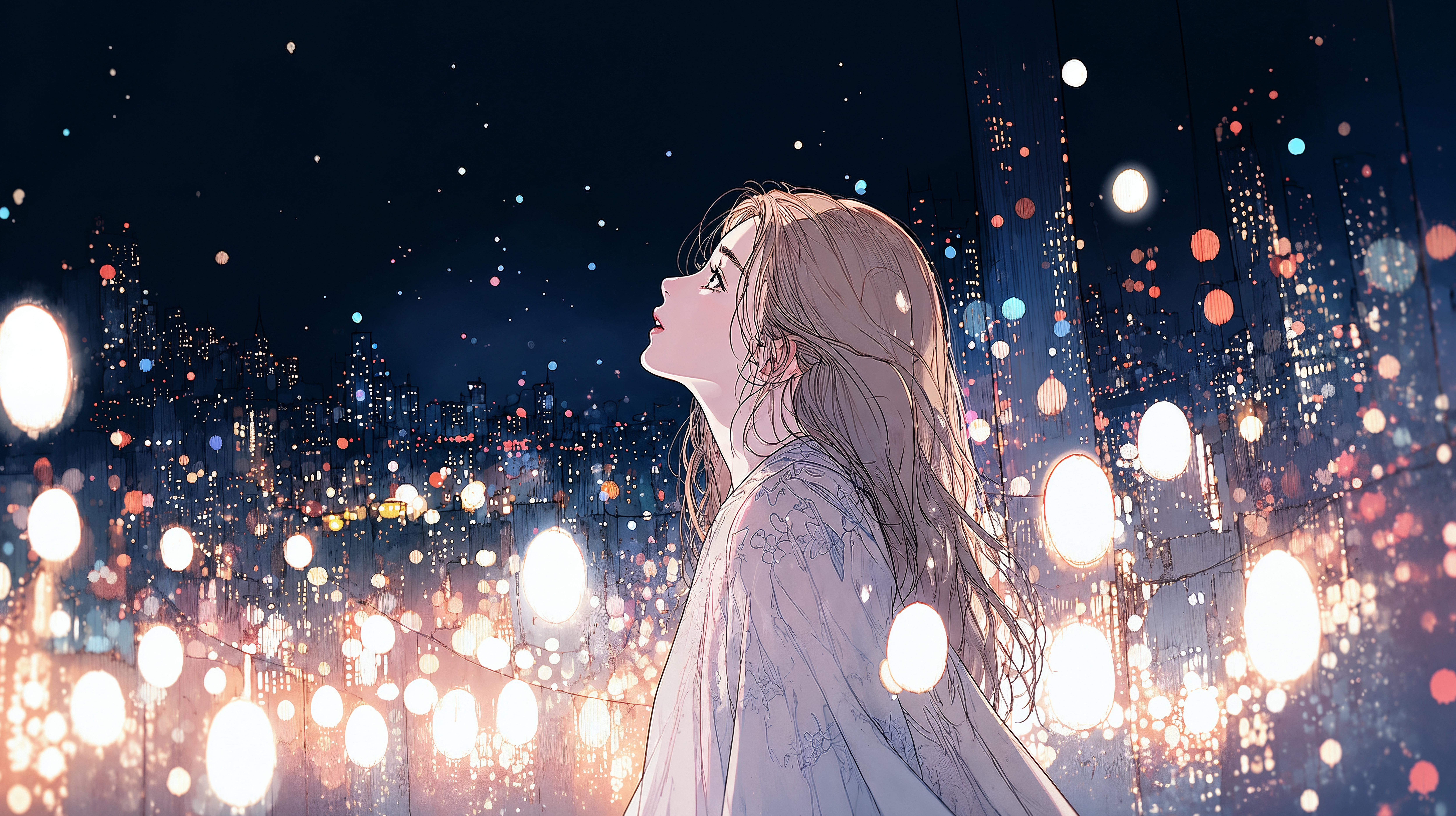 キラキラ光る星を見上げる女性のイラスト no.3