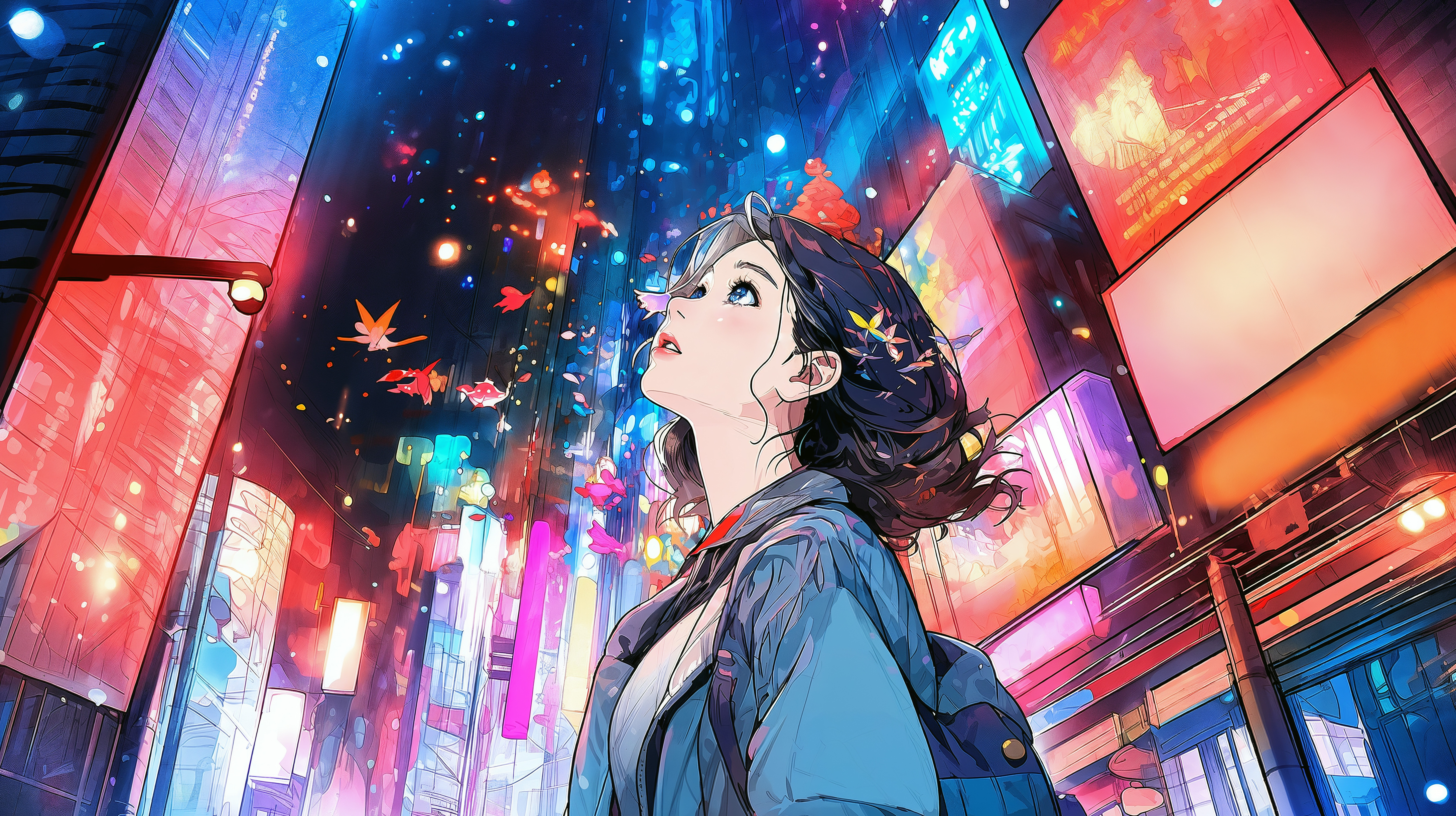 夜の都会から幻想的な夜空を見上げる女性のイラスト no.1