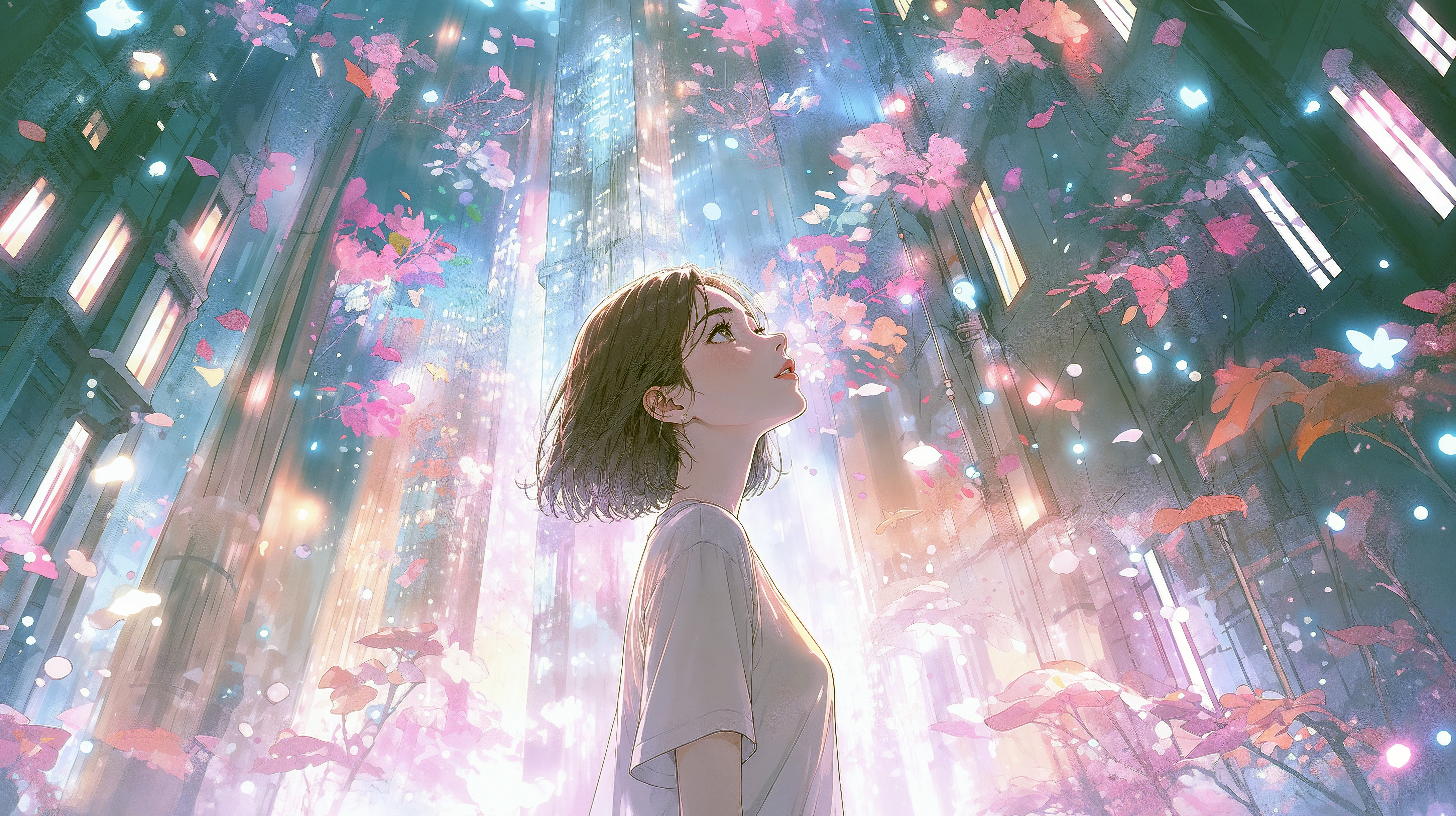夜の都会から幻想的な夜空を見上げる女性のイラスト no.4