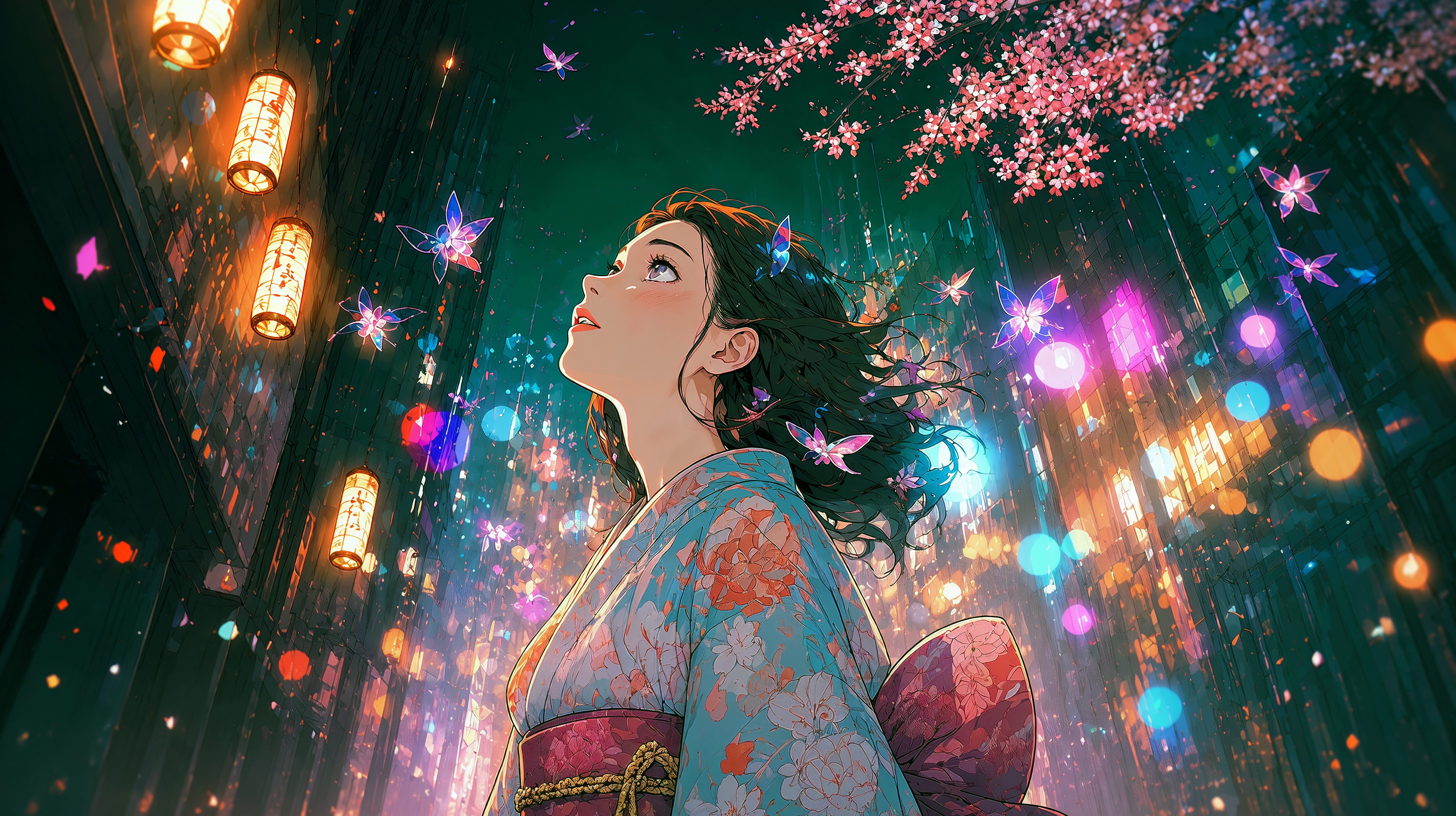 夜の都会から幻想的な夜空を見上げる女性のイラスト no.6