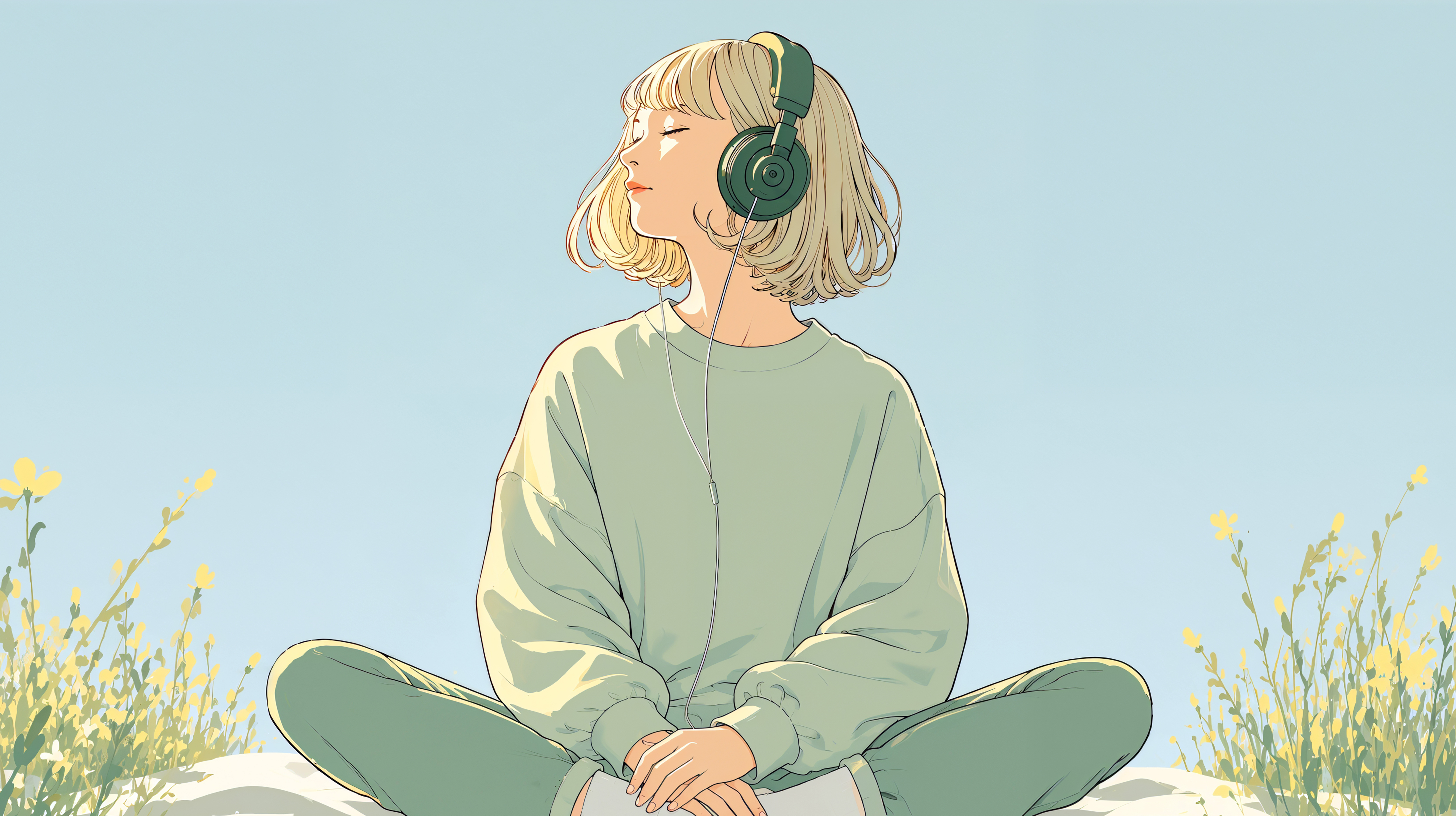 自然の中に座り音楽を聴きながら座っている女性の全身イラスト no.2