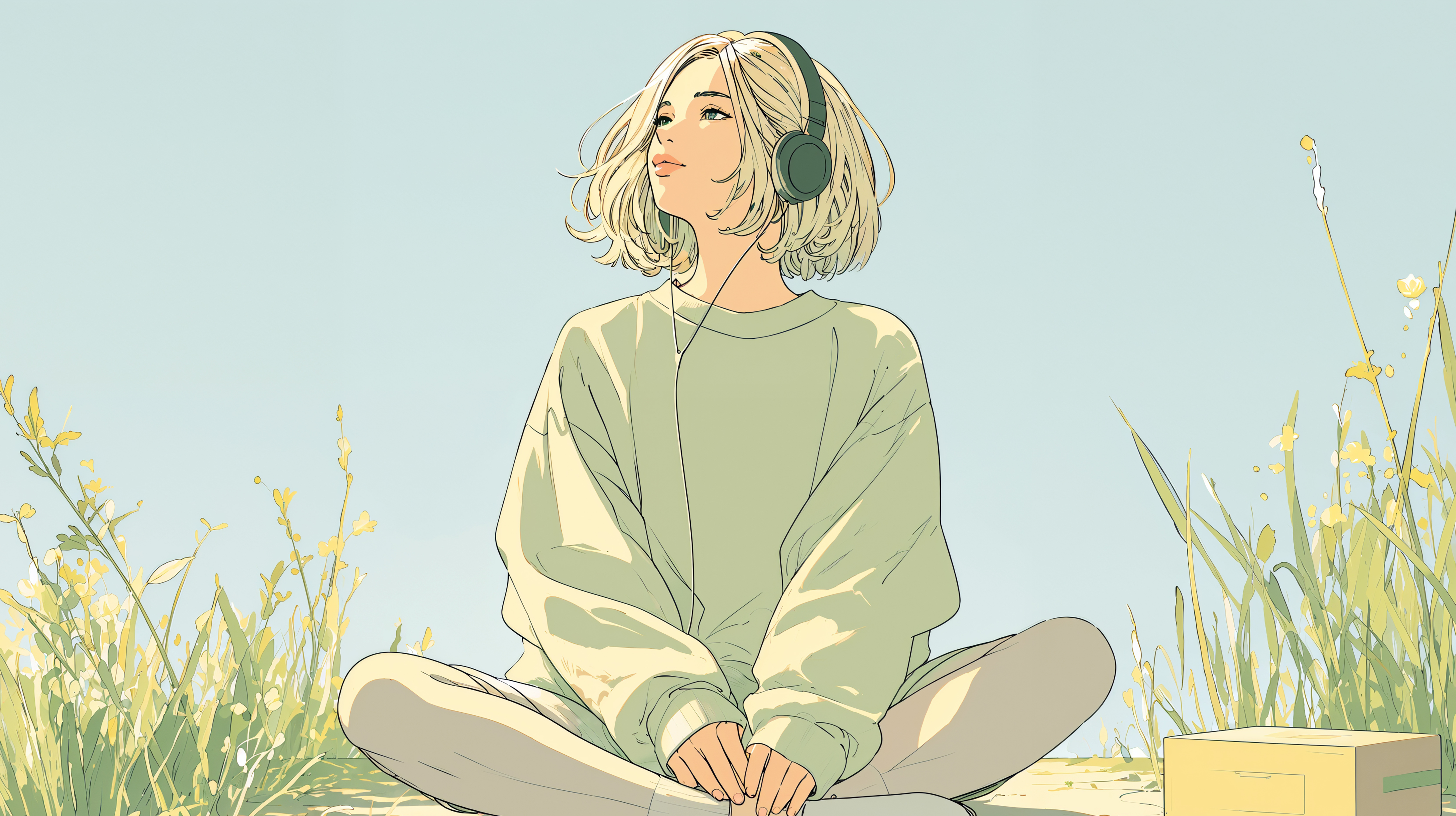 自然の中に座り音楽を聴きながら座っている女性の全身イラスト no.3