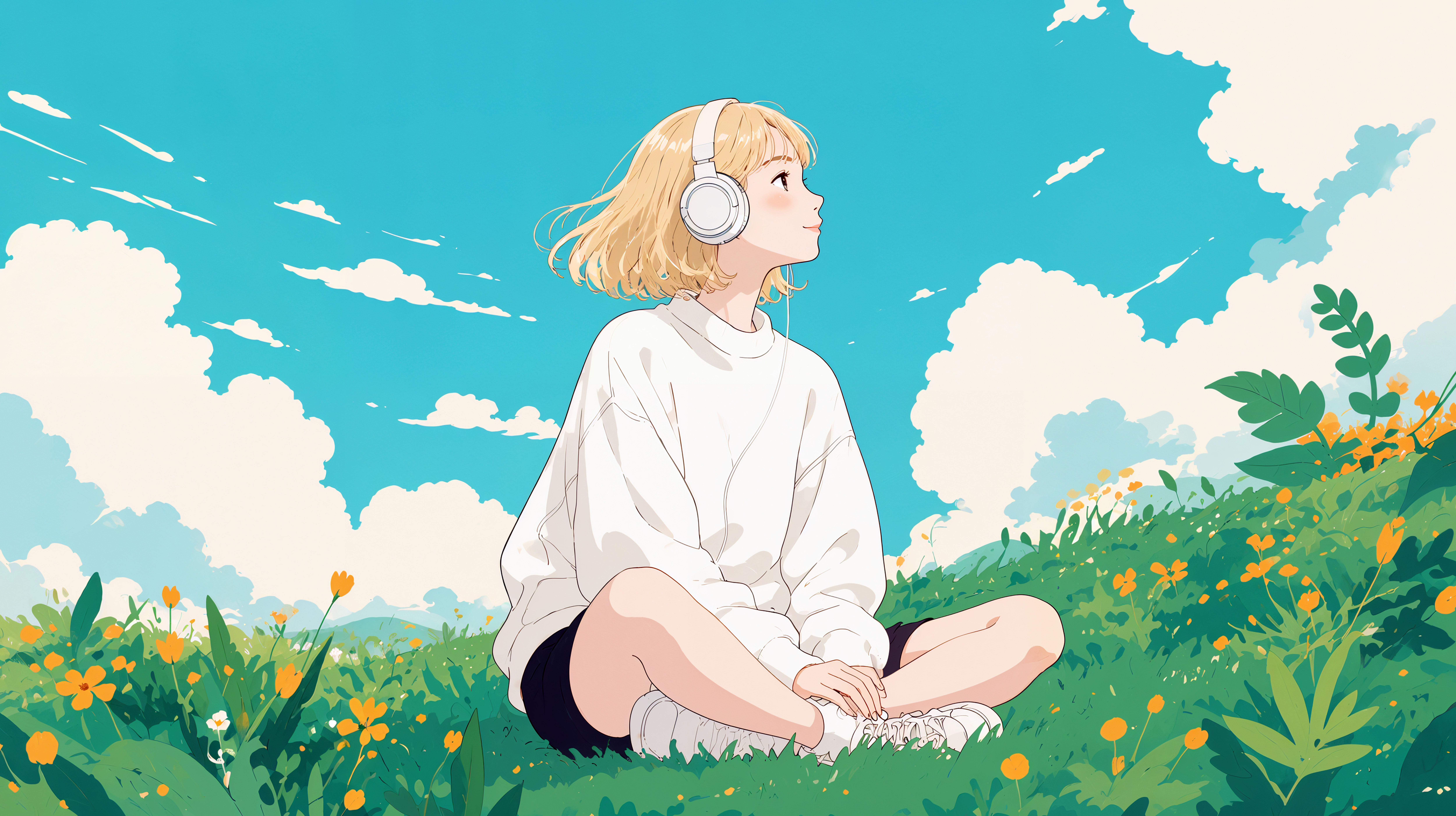 草原に座り音楽を聴きながら空を眺める女性の全身イラスト no.1