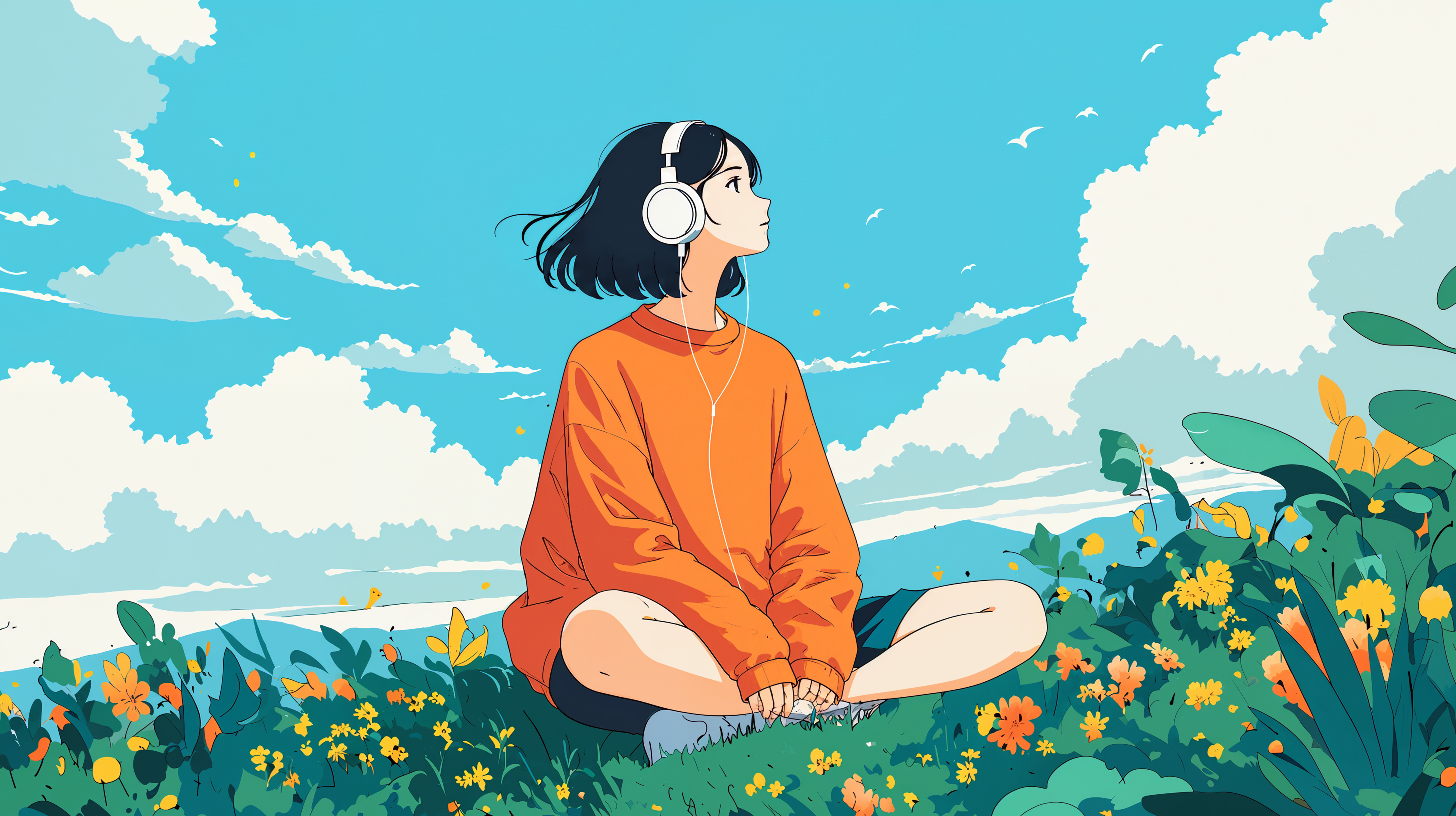 草原に座り音楽を聴きながら空を眺める女性の全身イラスト no.4