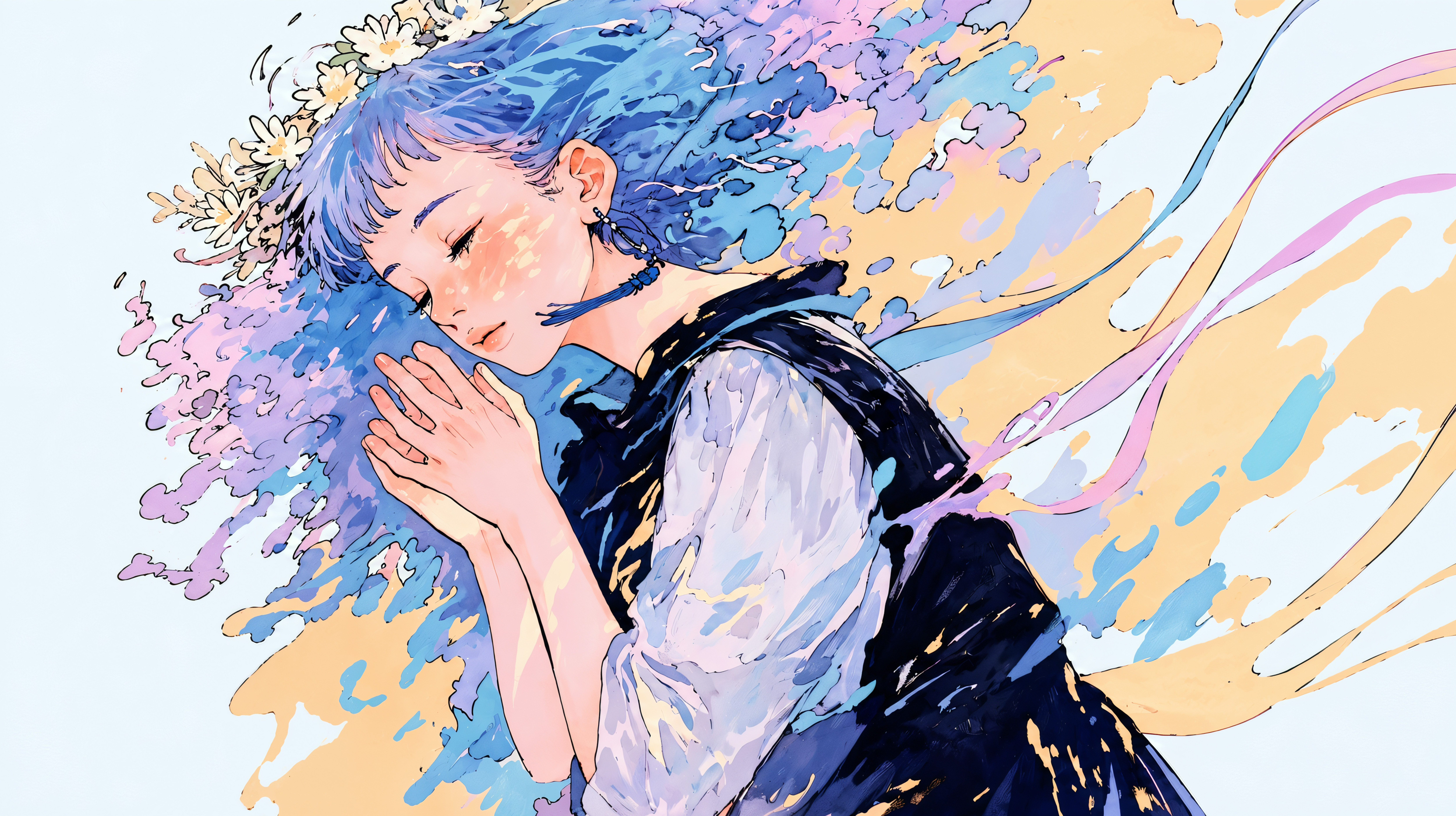 草花のモチーフに包まれる女性のアートチックイラスト no.1