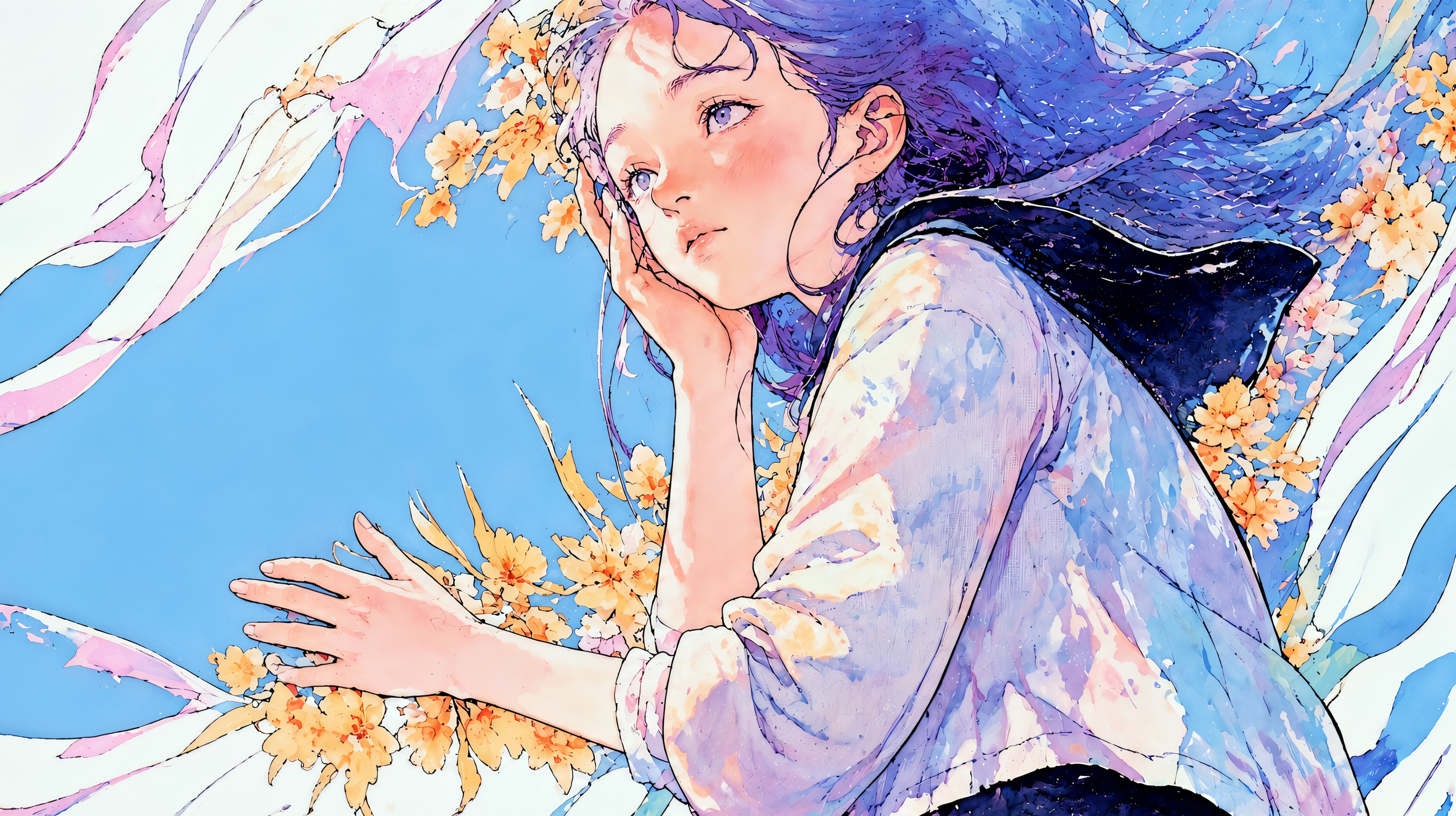 草花のモチーフに包まれる女性のアートチックイラスト no.2