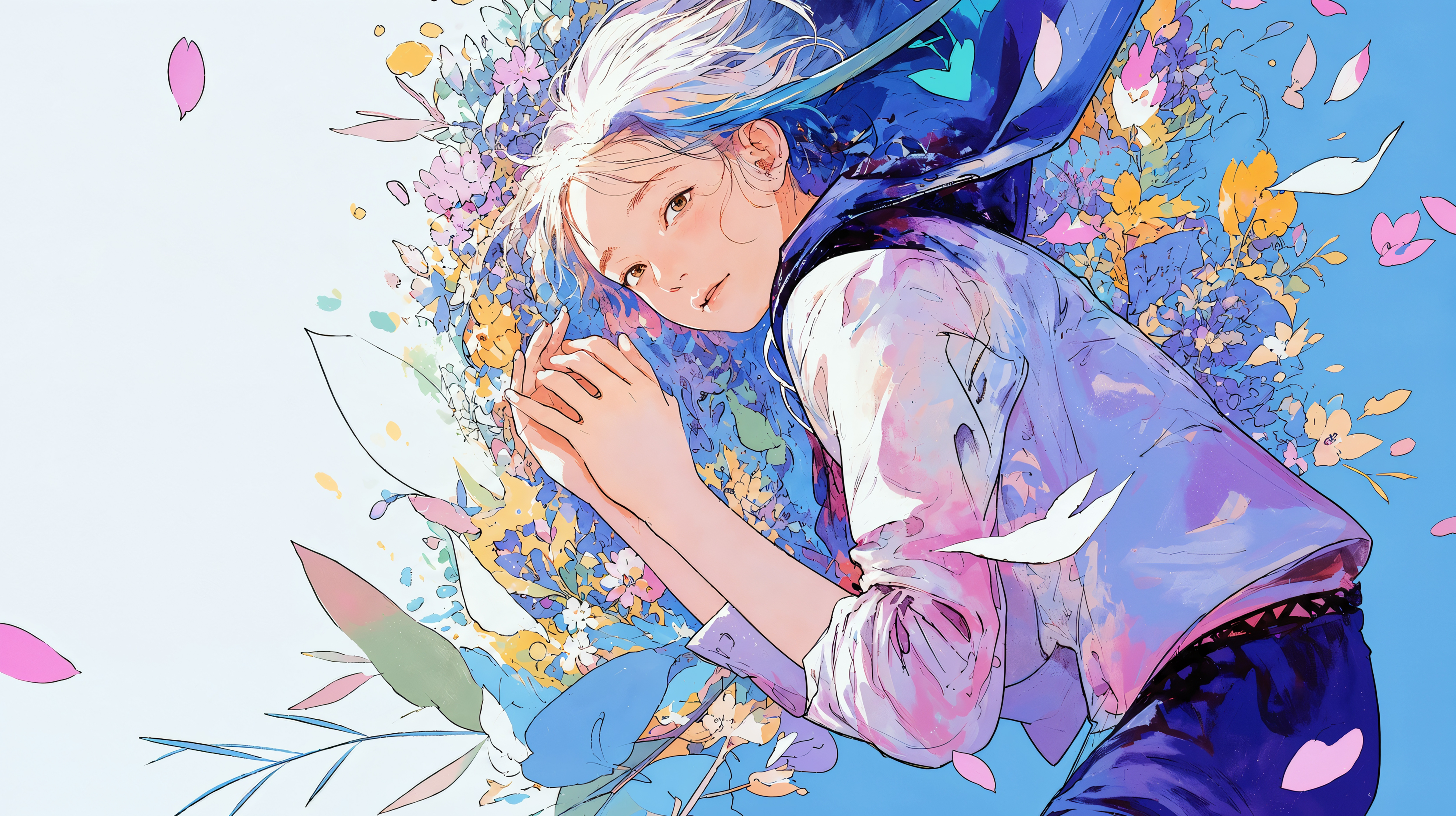 草花のモチーフに包まれる女性のアートチックイラスト no.4