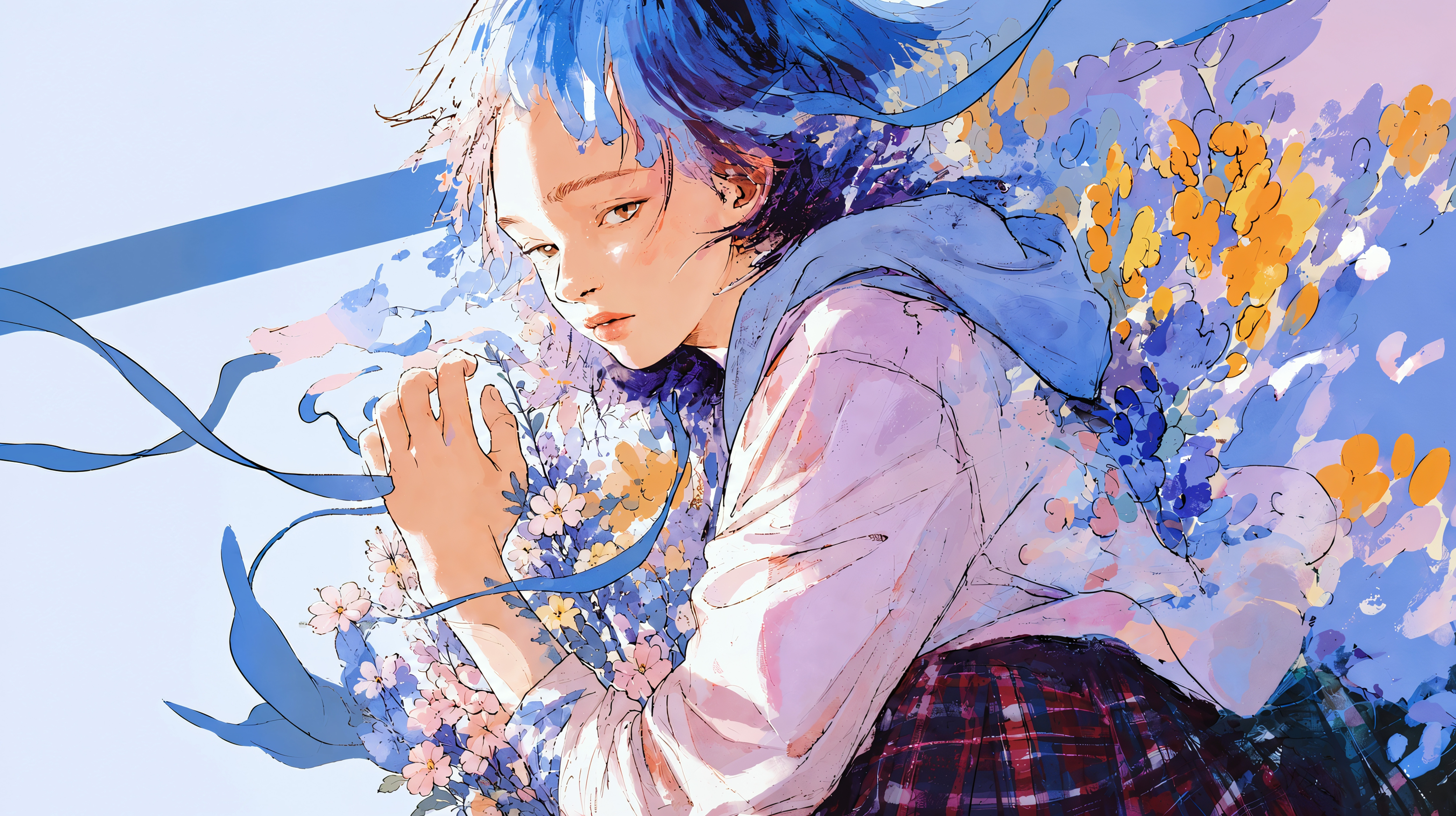 草花のモチーフに包まれる女性のアートチックイラスト no.5