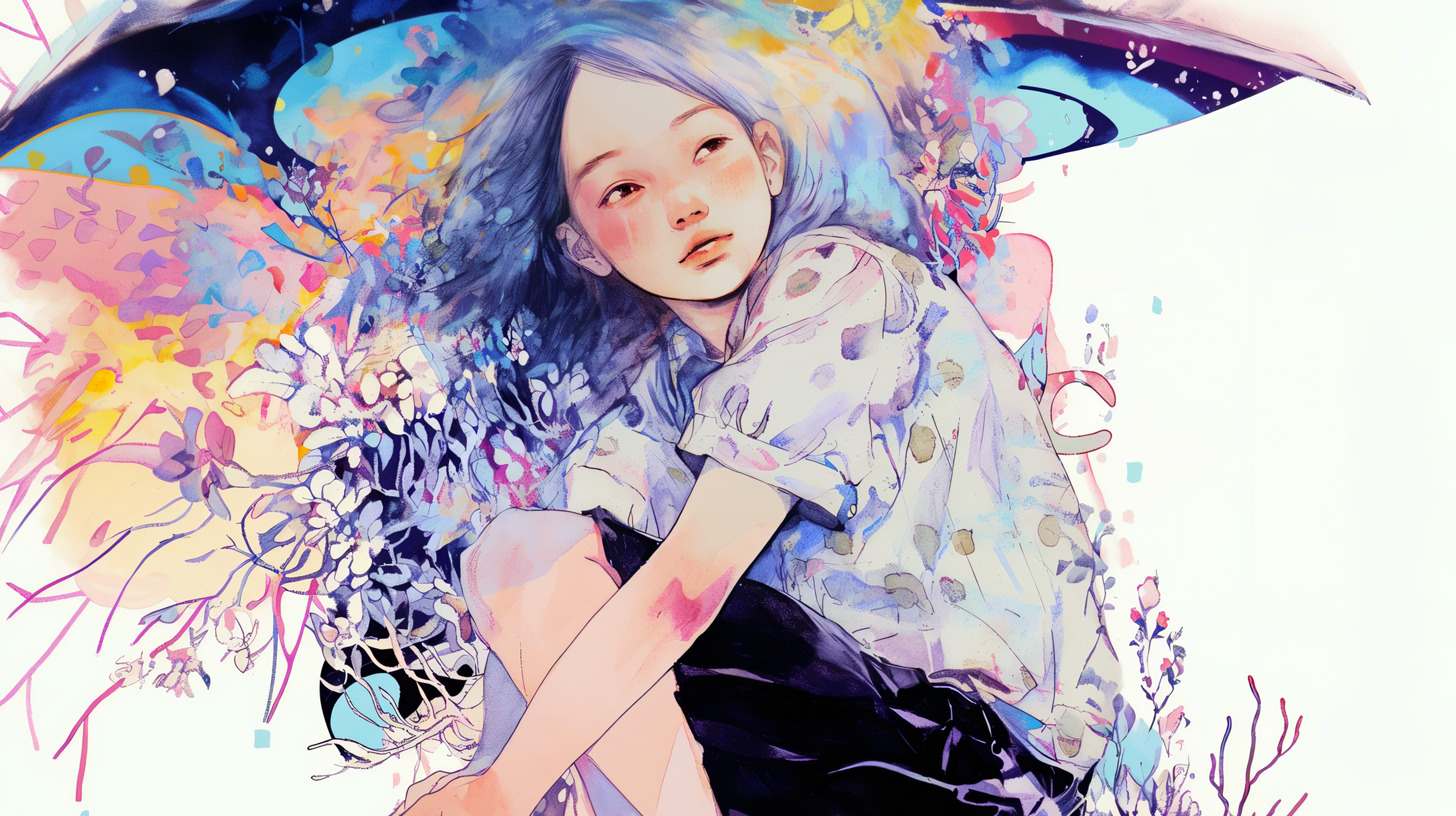草花のモチーフに包まれる女性のアートチックイラスト no.6