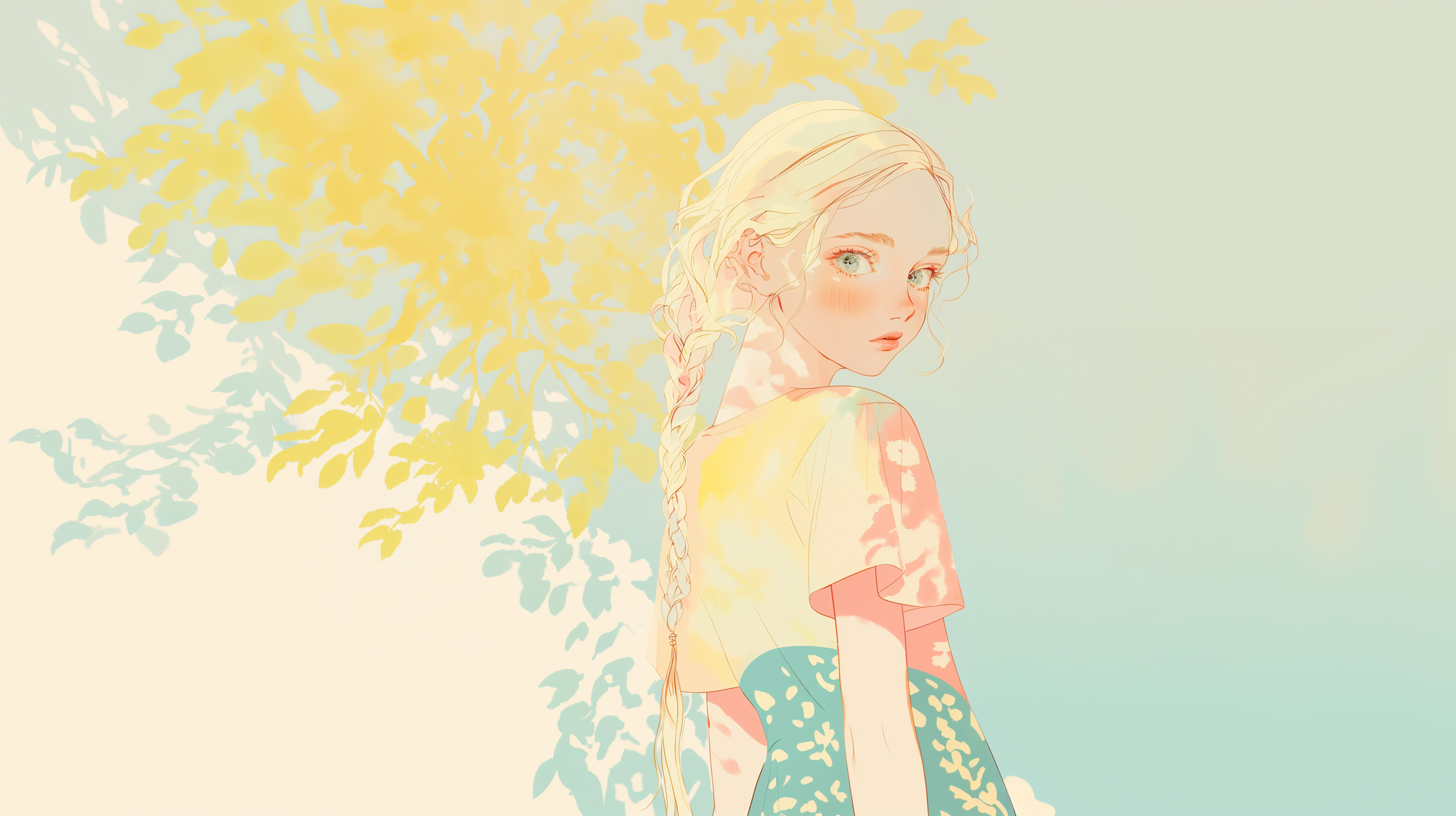 木漏れ日の中で振り返る女性の水彩イラスト no.1