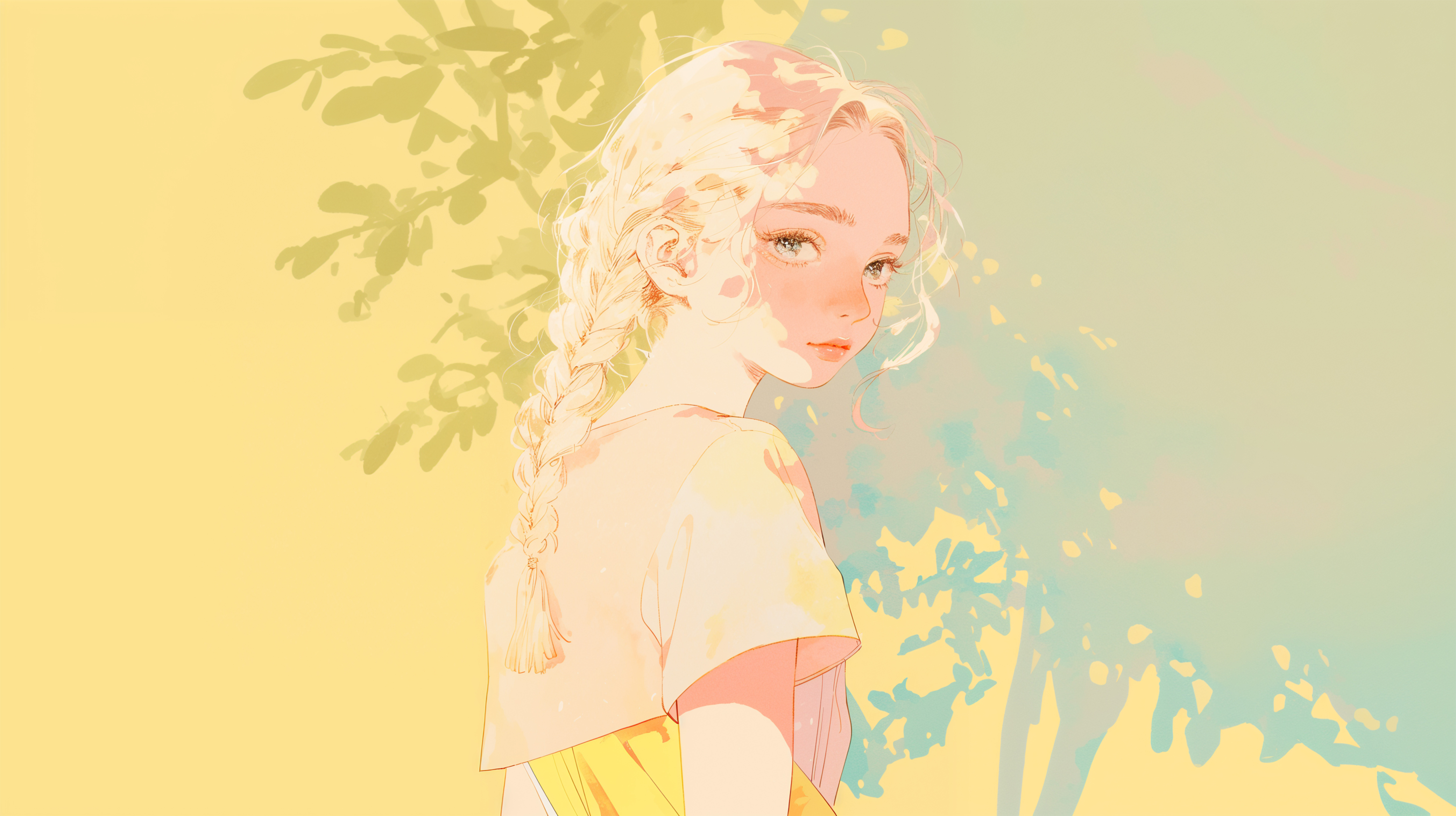 木漏れ日の中で振り返る女性の水彩イラスト no.2