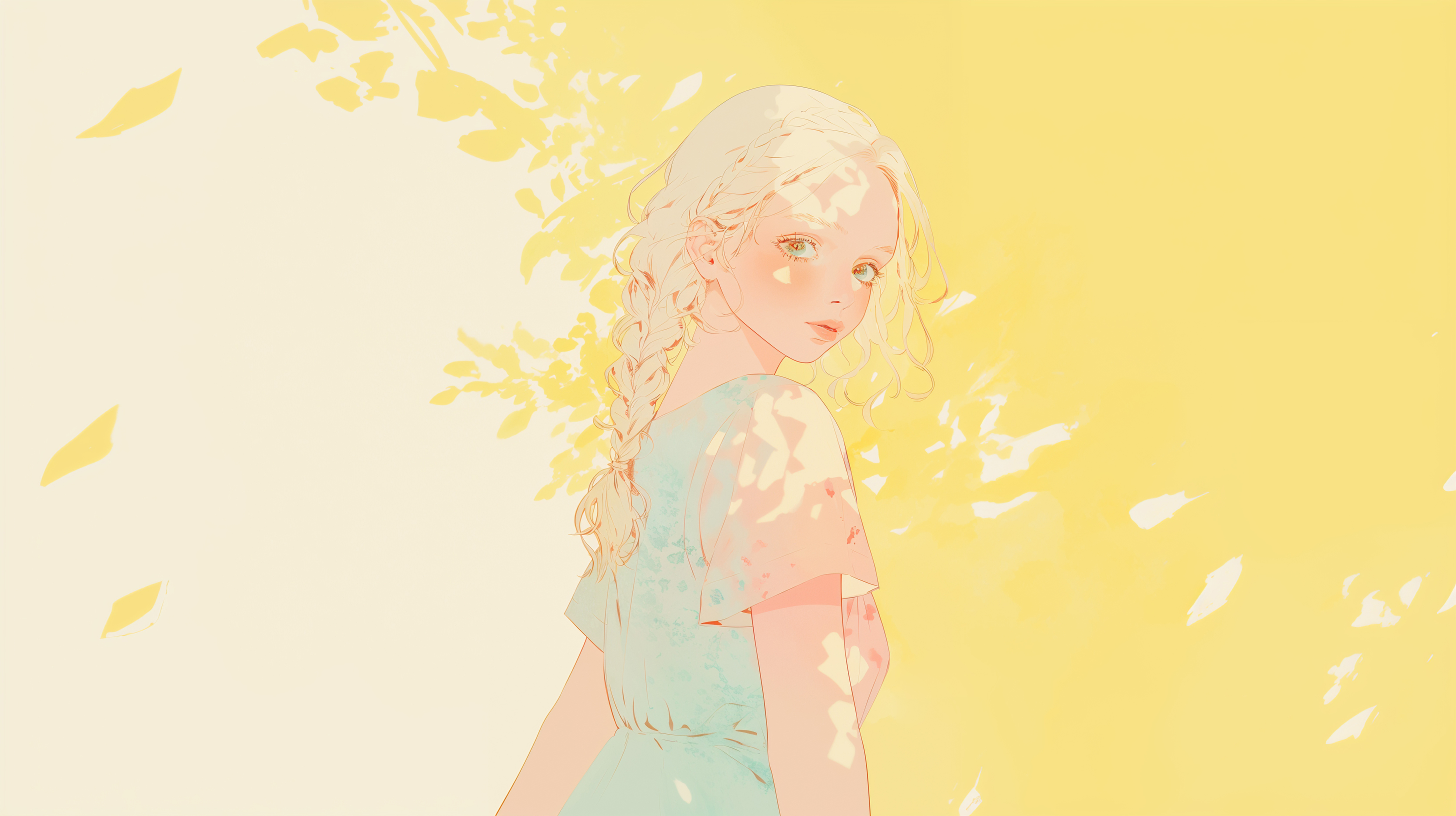 木漏れ日の中で振り返る女性の水彩イラスト no.3