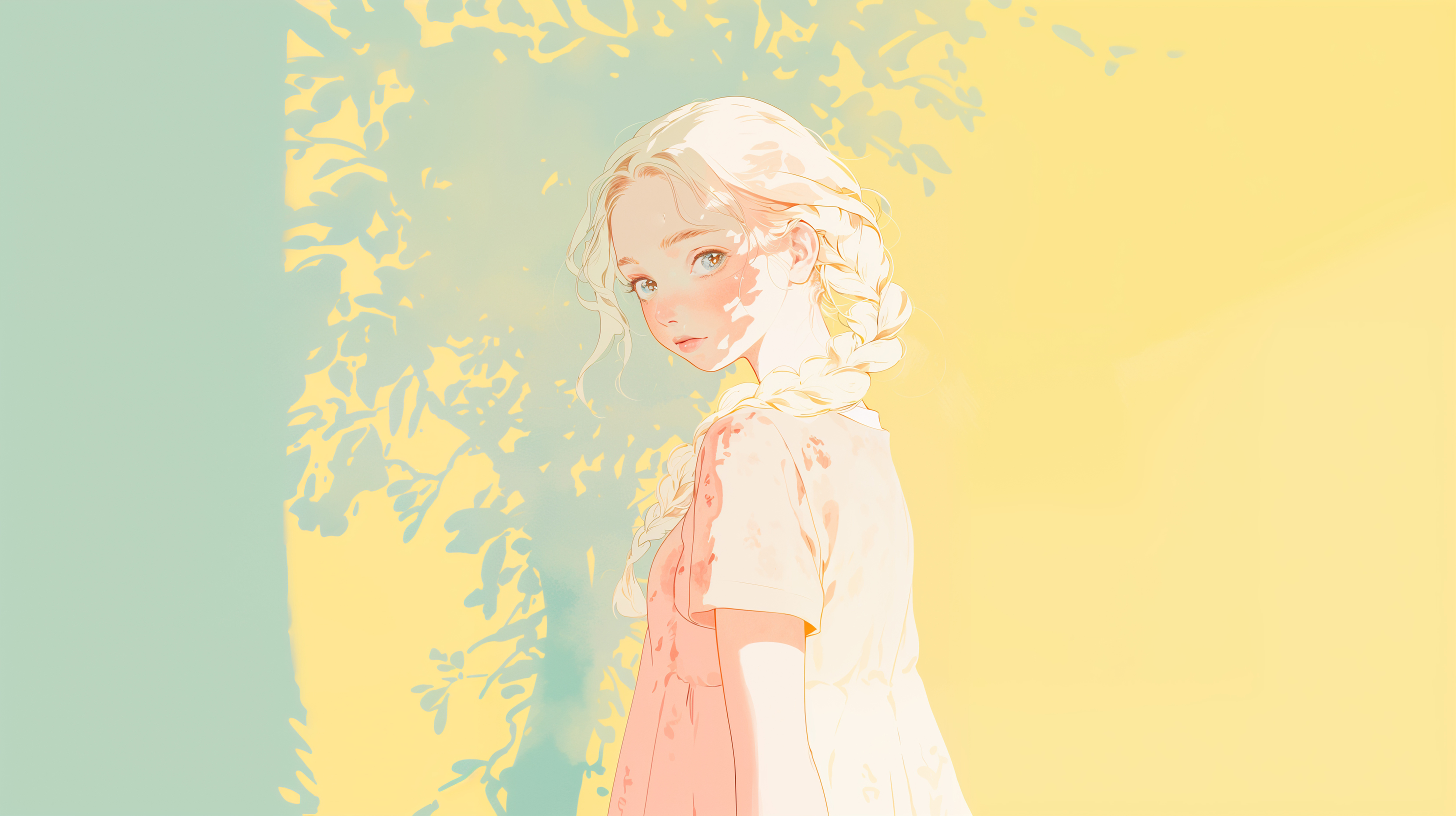 木漏れ日の中で振り返る女性の水彩イラスト no.4
