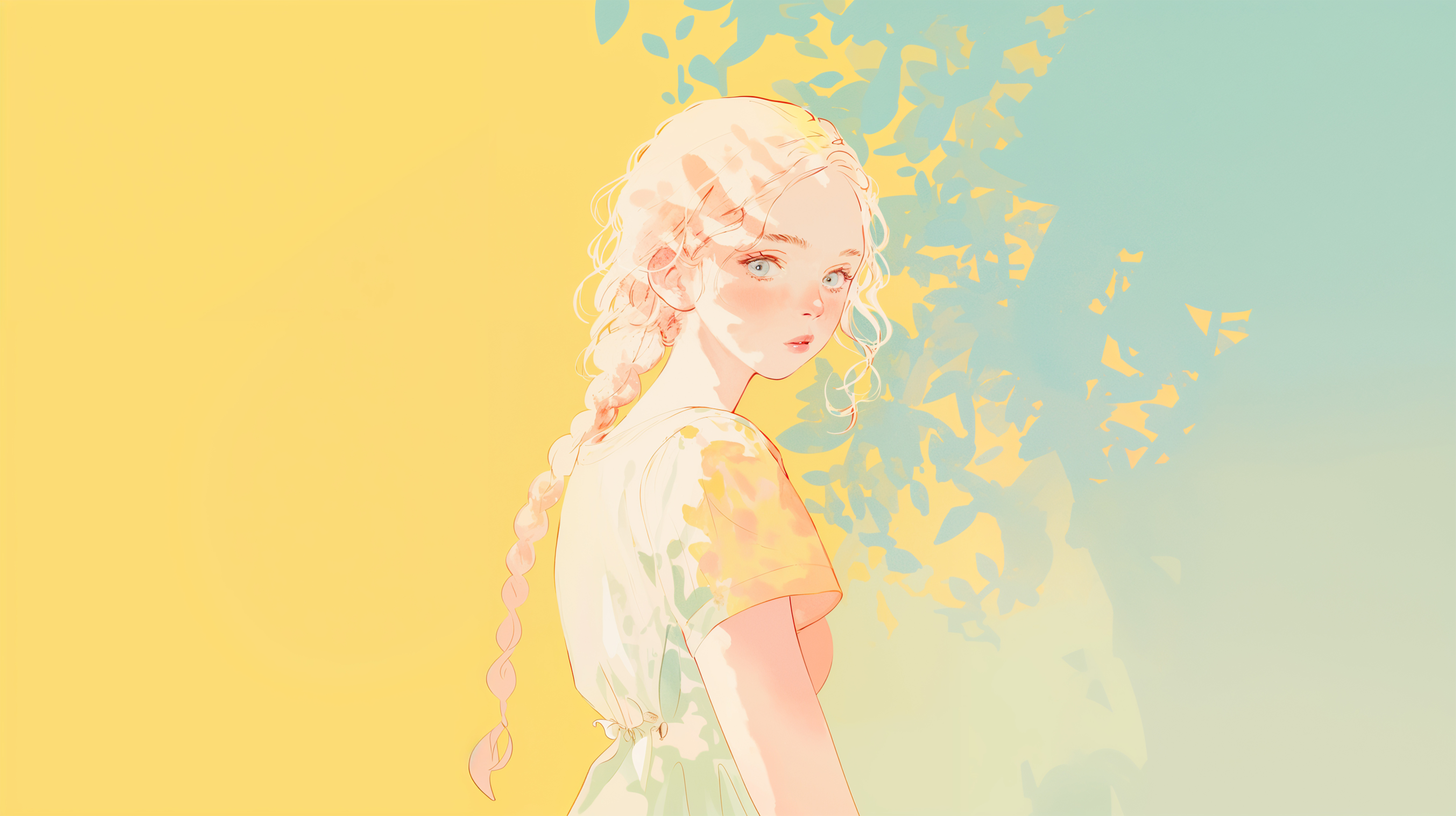 木漏れ日の中で振り返る女性の水彩イラスト no.5
