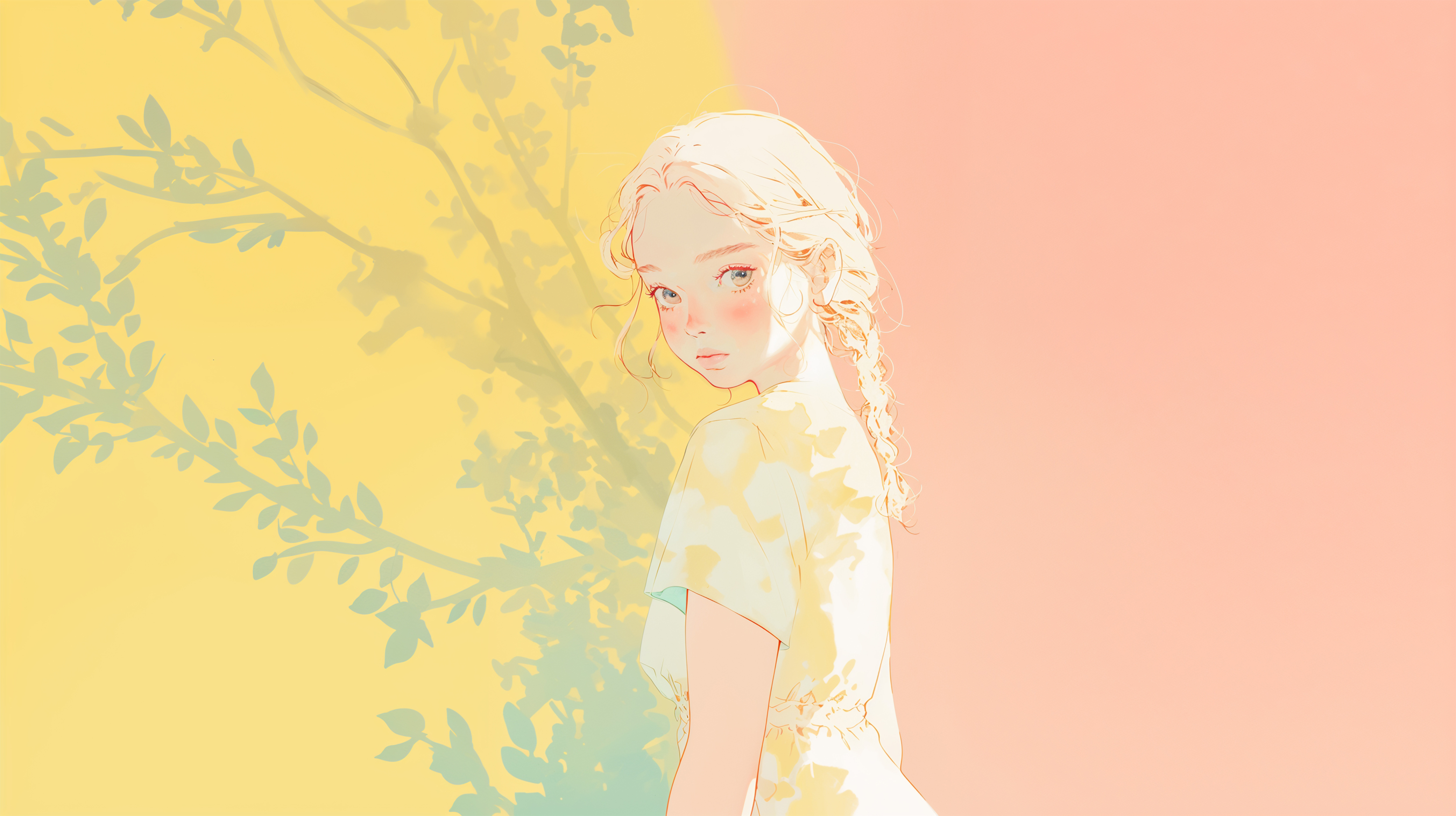 木漏れ日の中で振り返る女性の水彩イラスト no.6