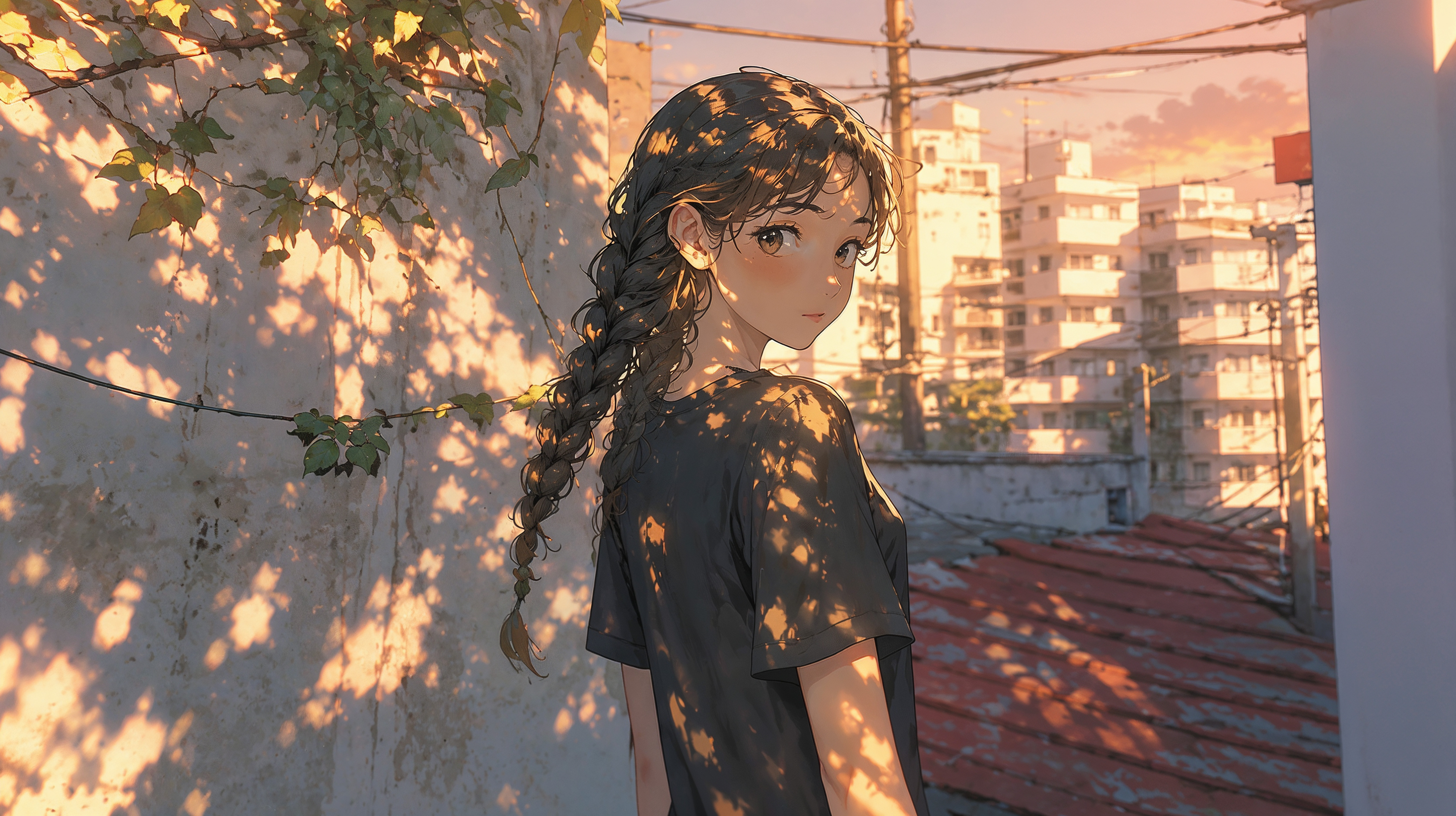 夏の木漏れ日と街角で振り返る女性のイラスト no.1
