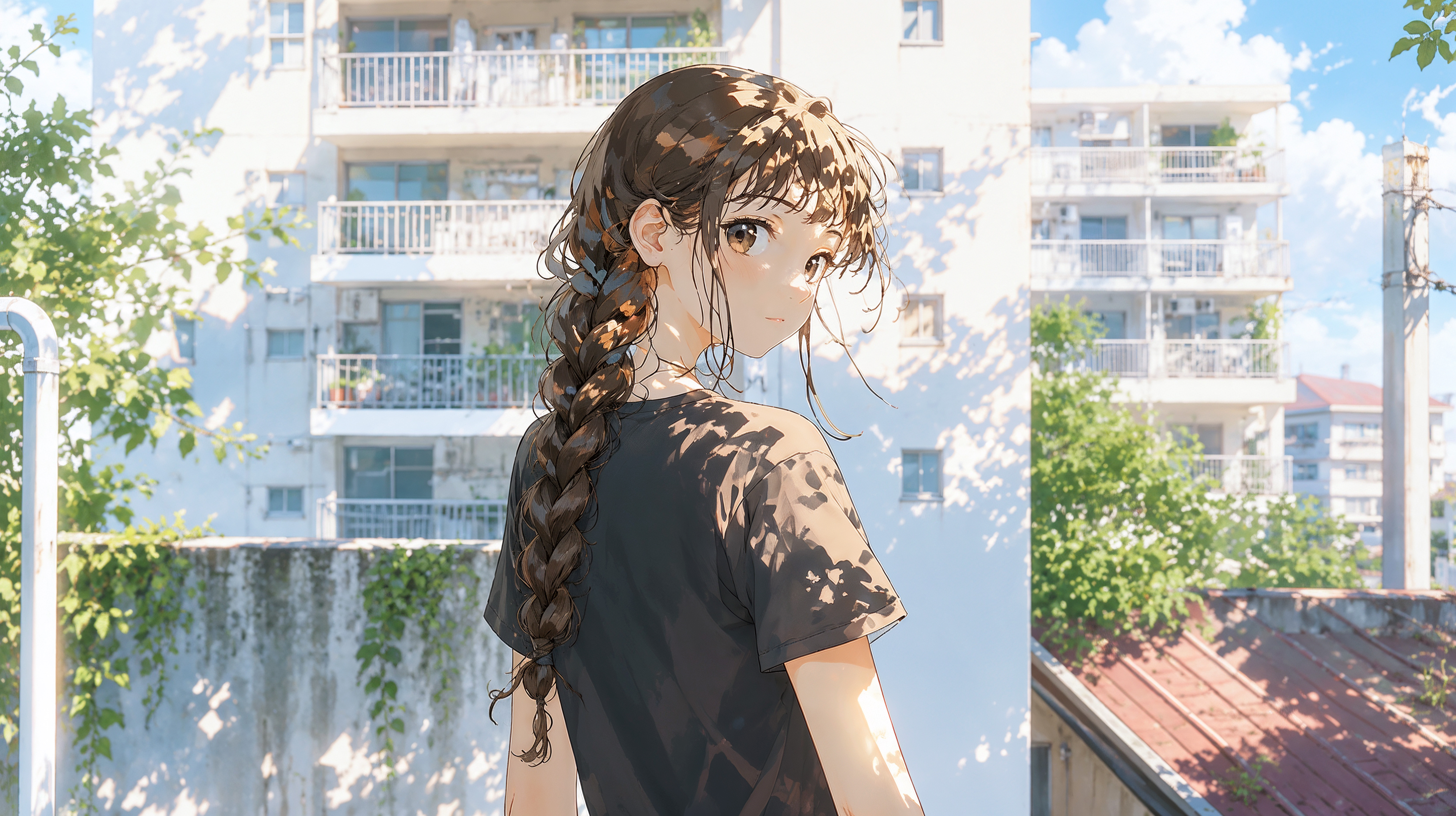 夏の木漏れ日と街角で振り返る女性のイラスト no.3