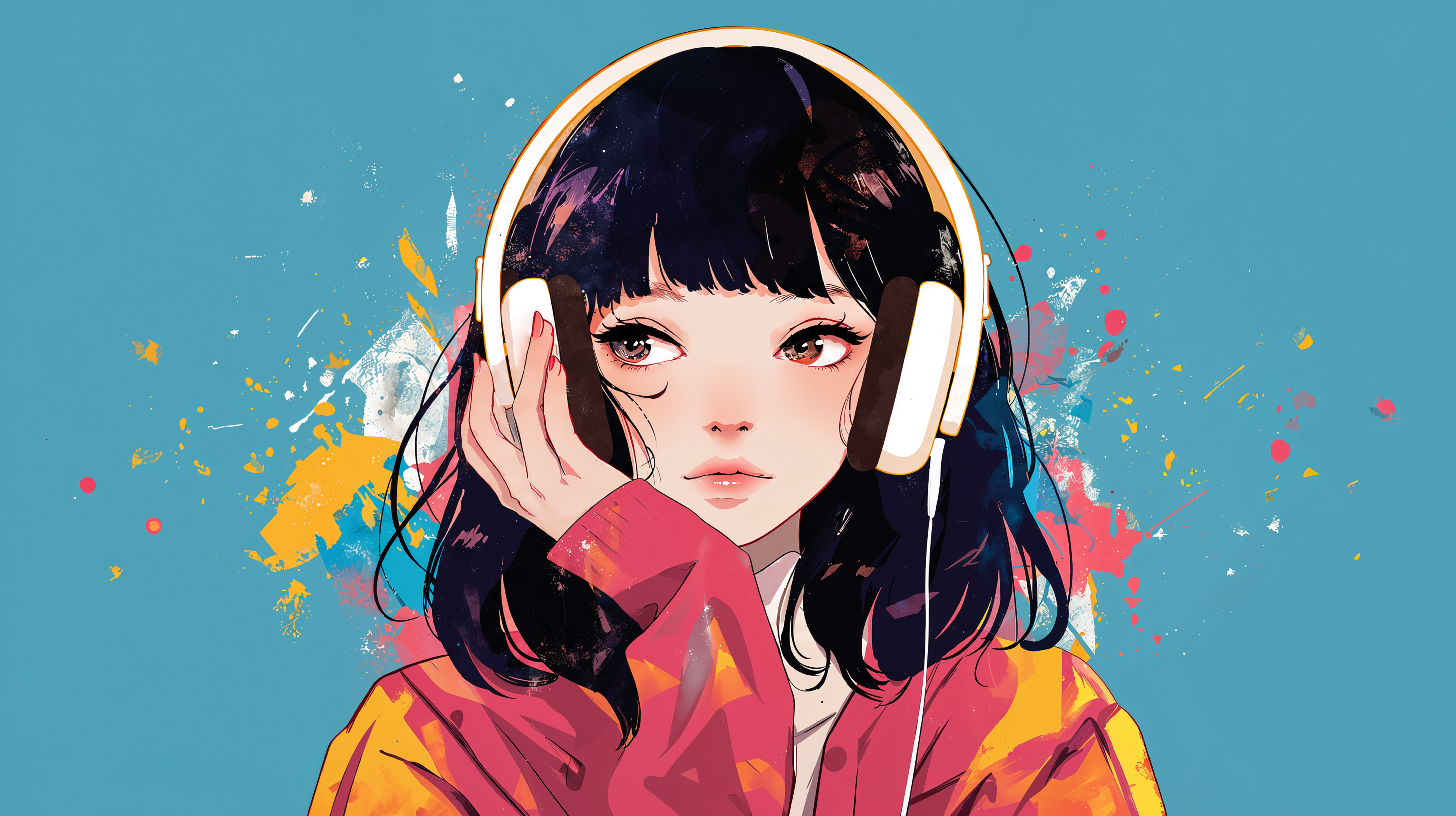 ヘッドフォンで音楽を聴く女の子のポップなイラスト no.1