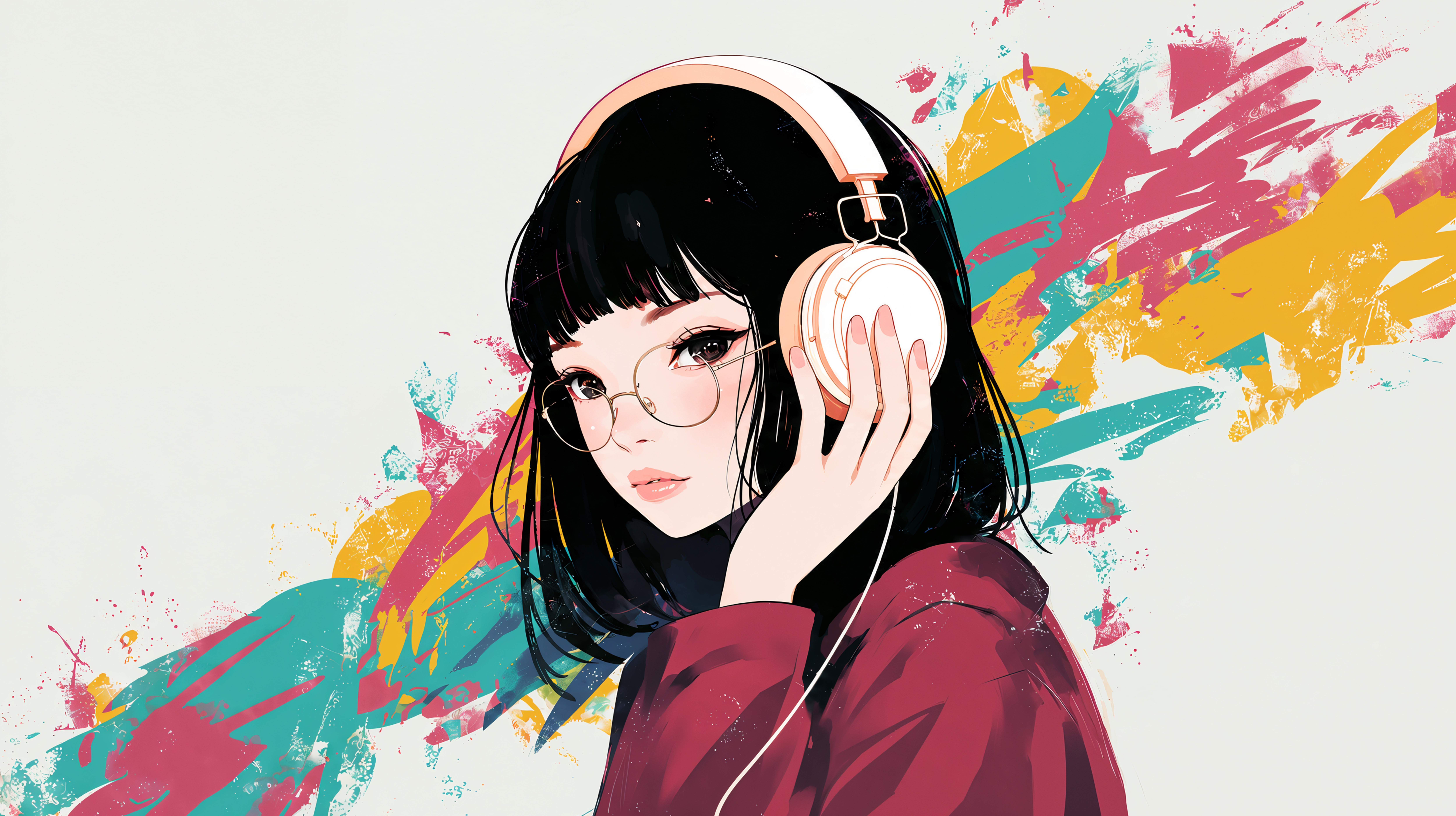 ヘッドフォンで音楽を聴く女の子のポップなイラスト no.10