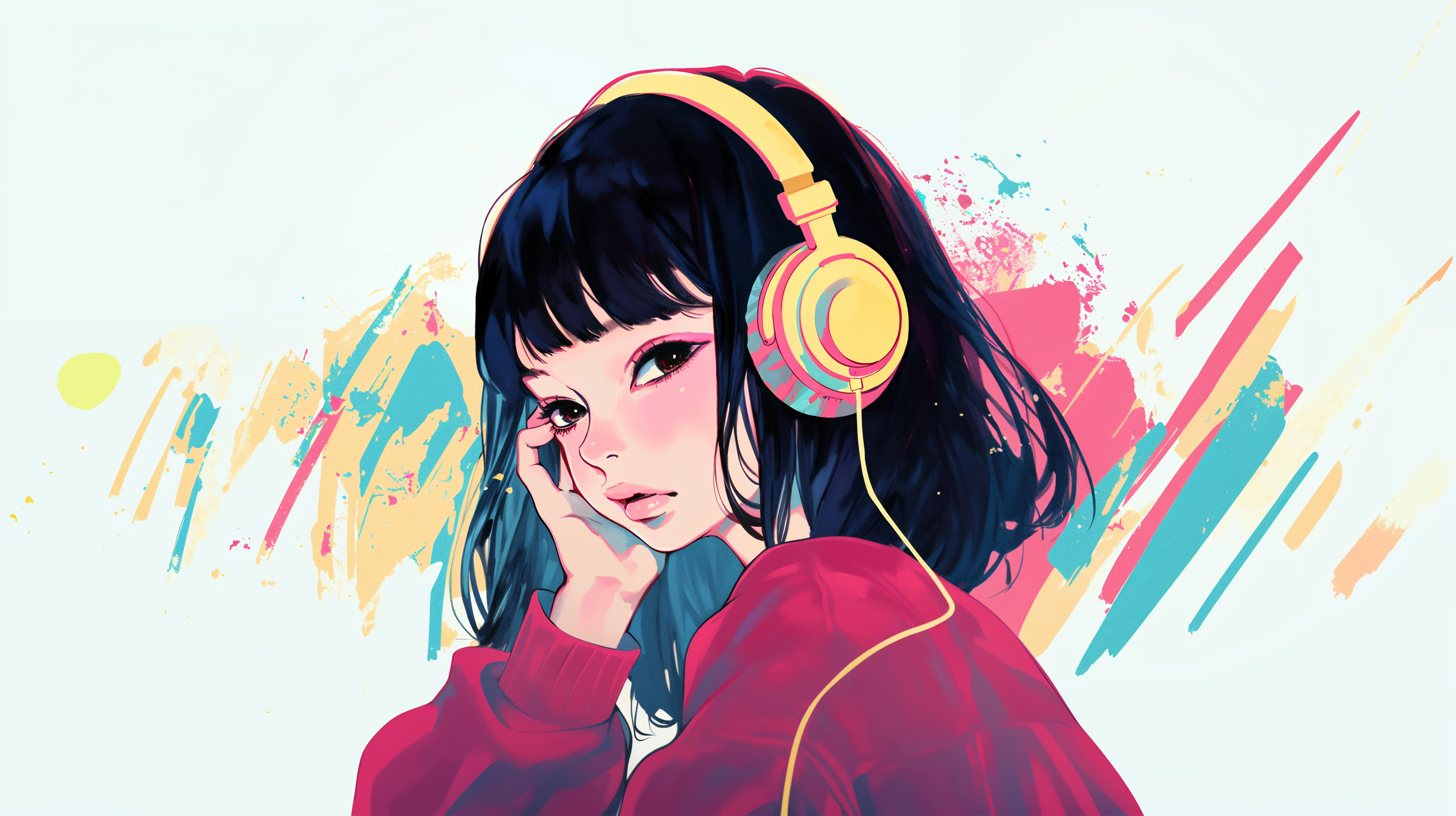 ヘッドフォンで音楽を聴く女の子のポップなイラスト no.2