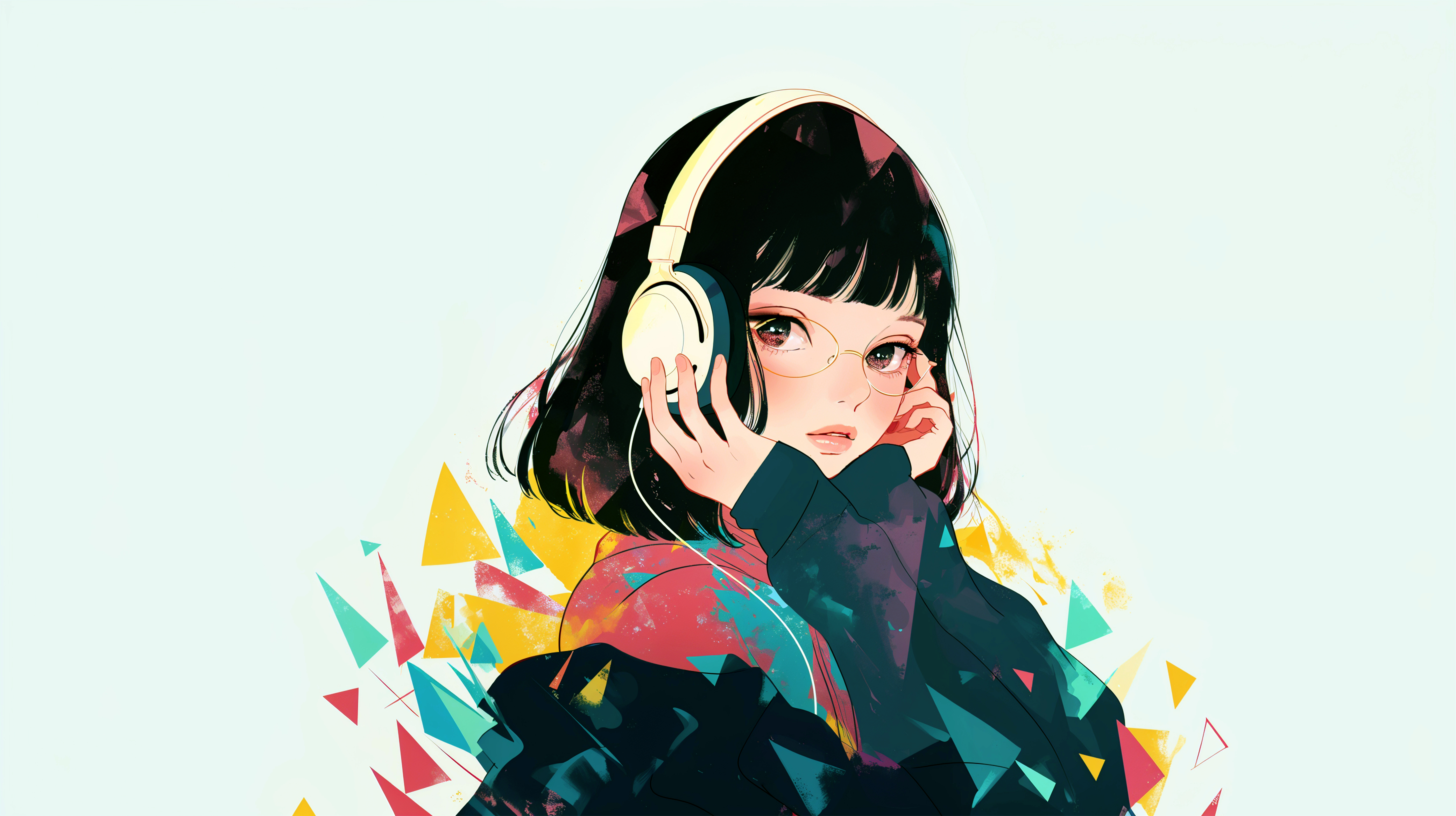 ヘッドフォンで音楽を聴く女の子のポップなイラスト no.4