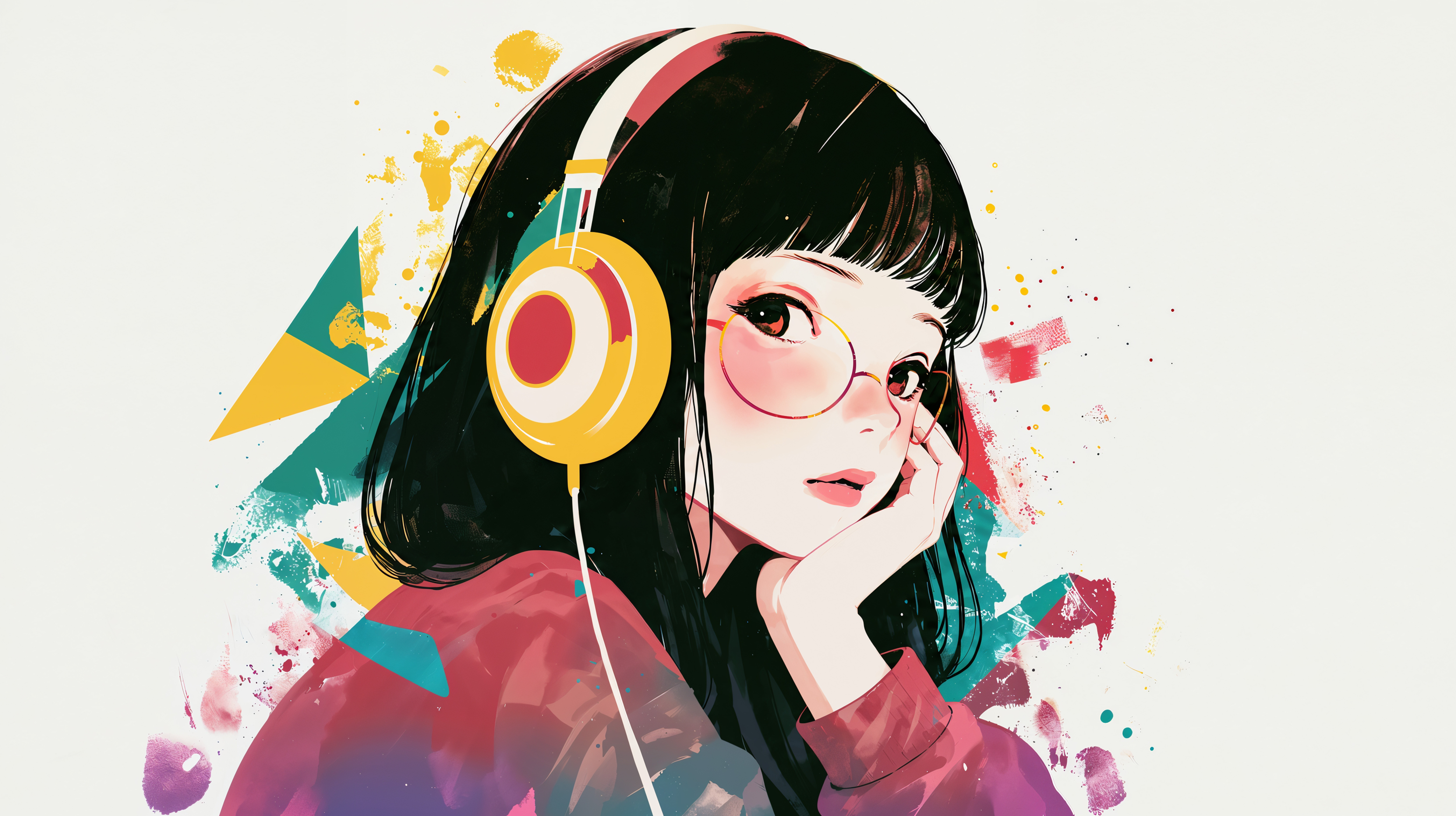 ヘッドフォンで音楽を聴く女の子のポップなイラスト no.9