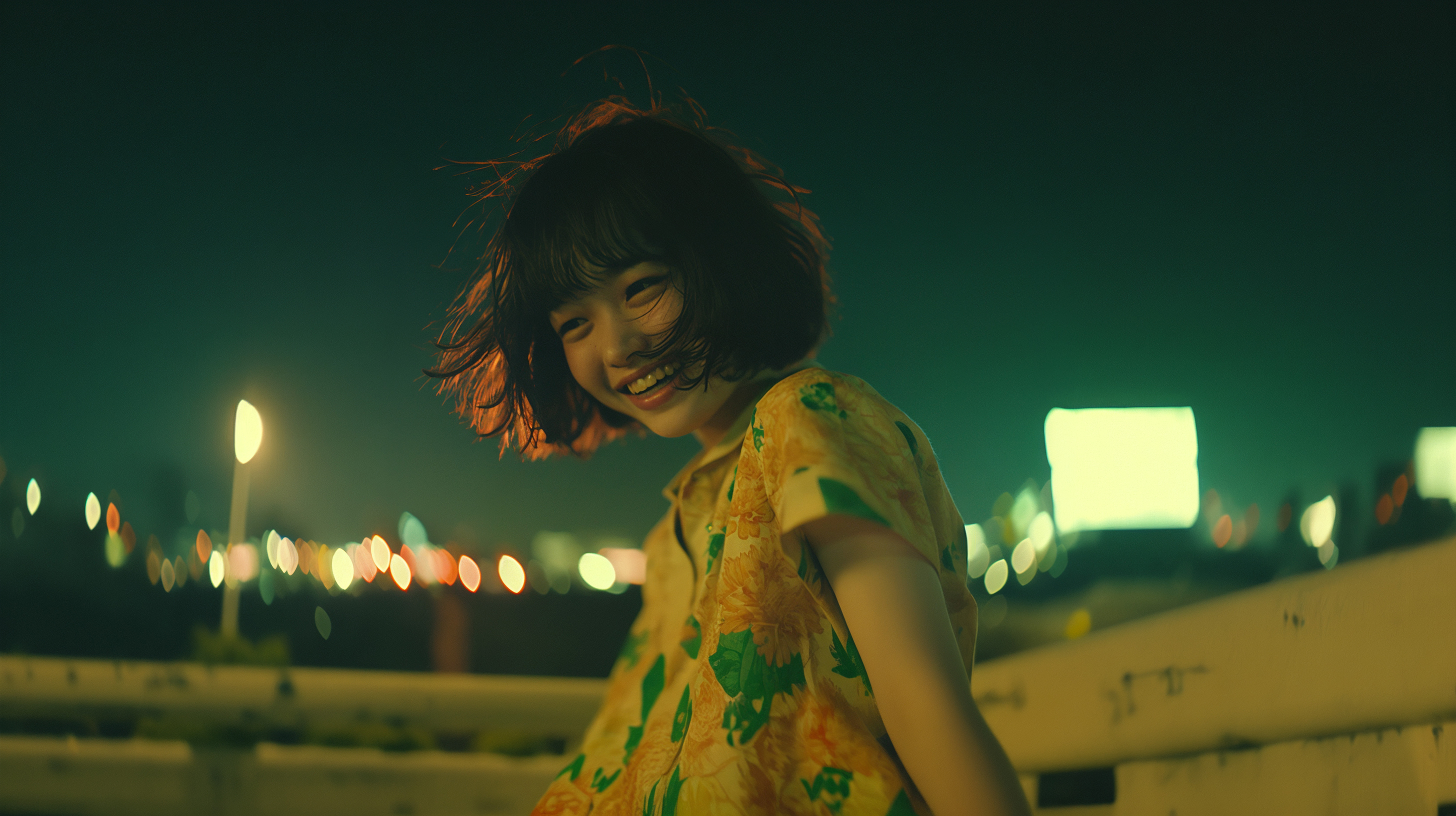 夜の都会で楽しそうに笑い振り向く女性のポートレート写真風 no.1
