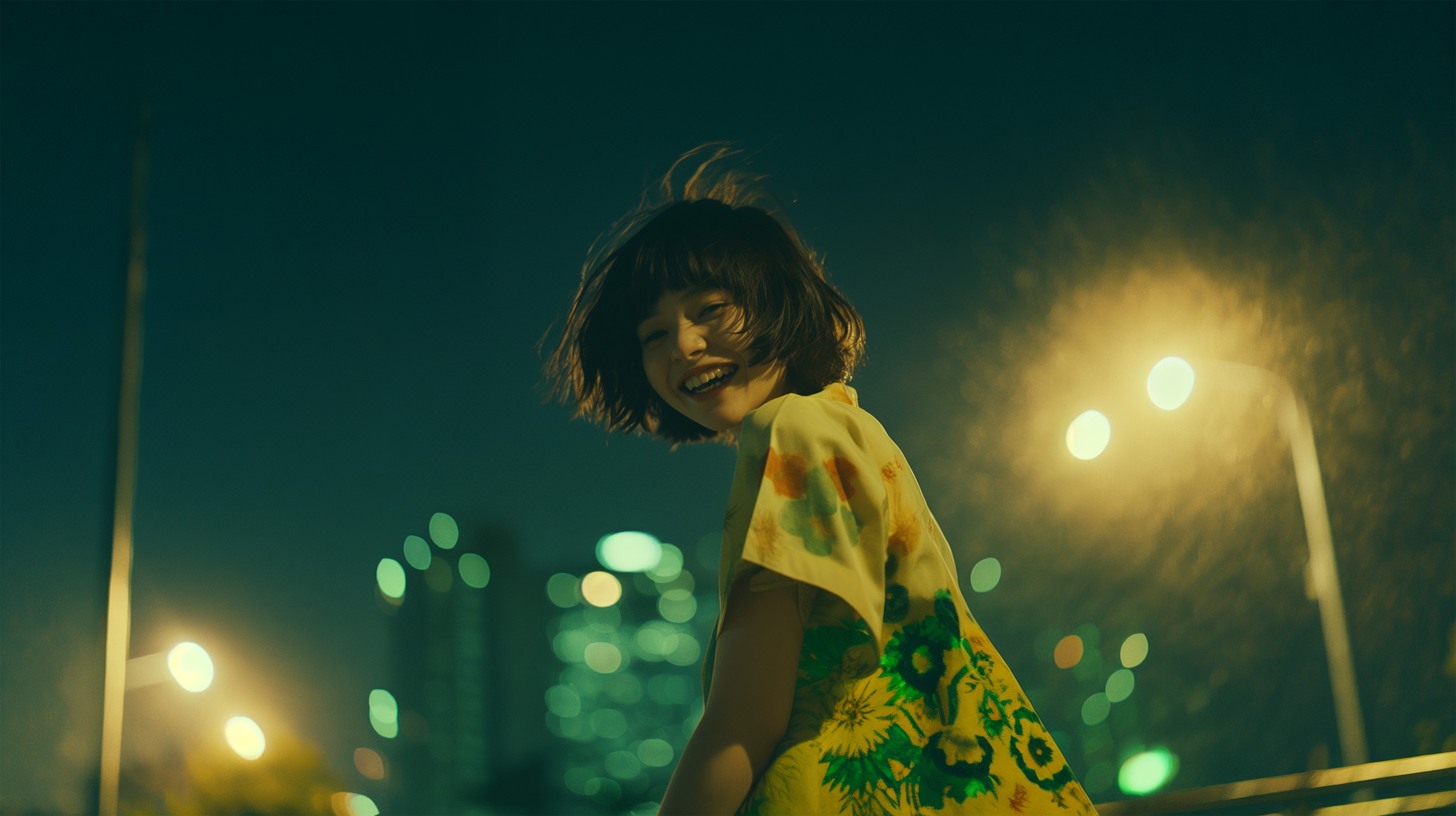 夜の都会で楽しそうに笑い振り向く女性のポートレート写真風 no.3