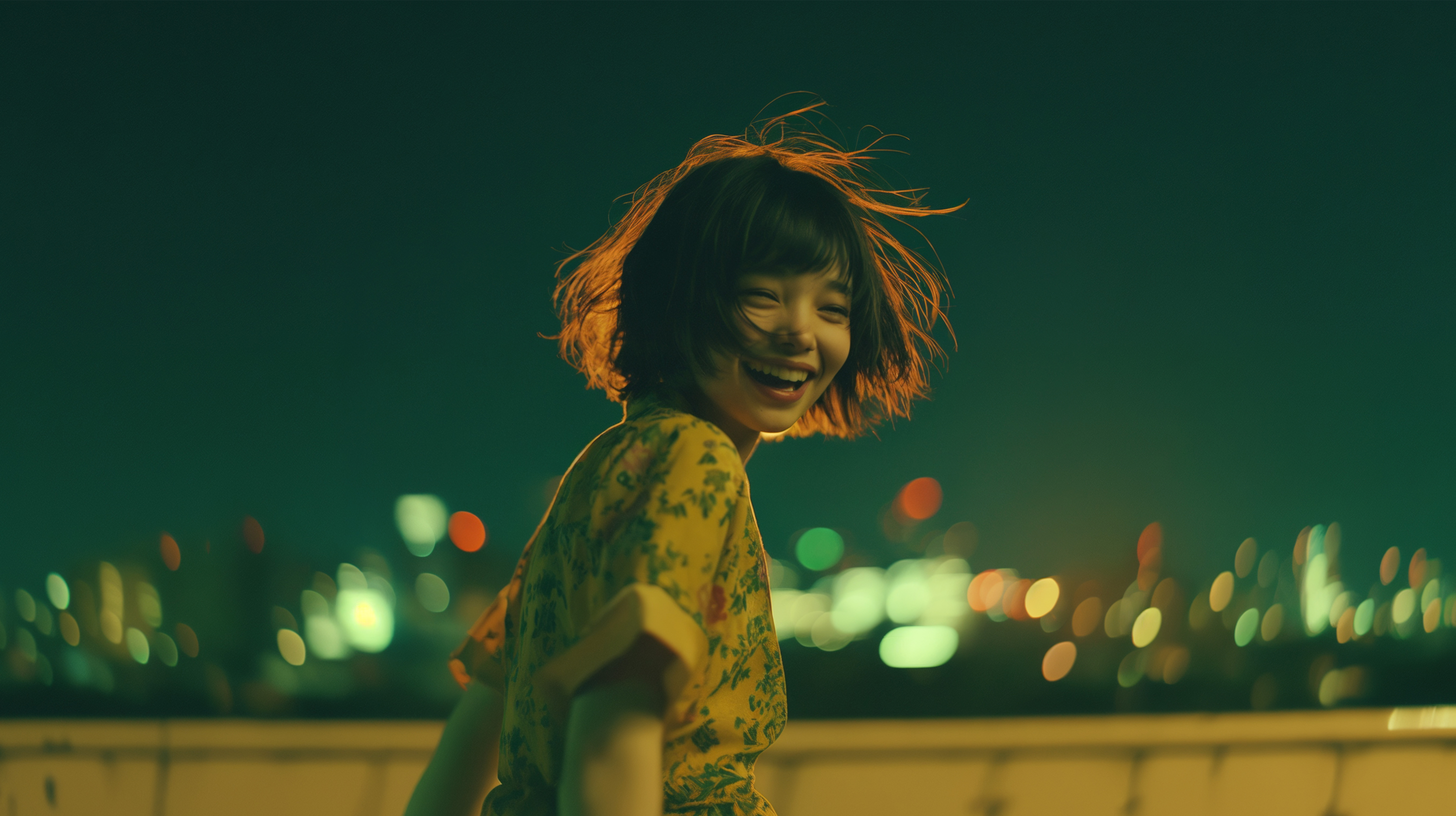 夜の都会で楽しそうに笑い振り向く女性のポートレート写真風 no.7