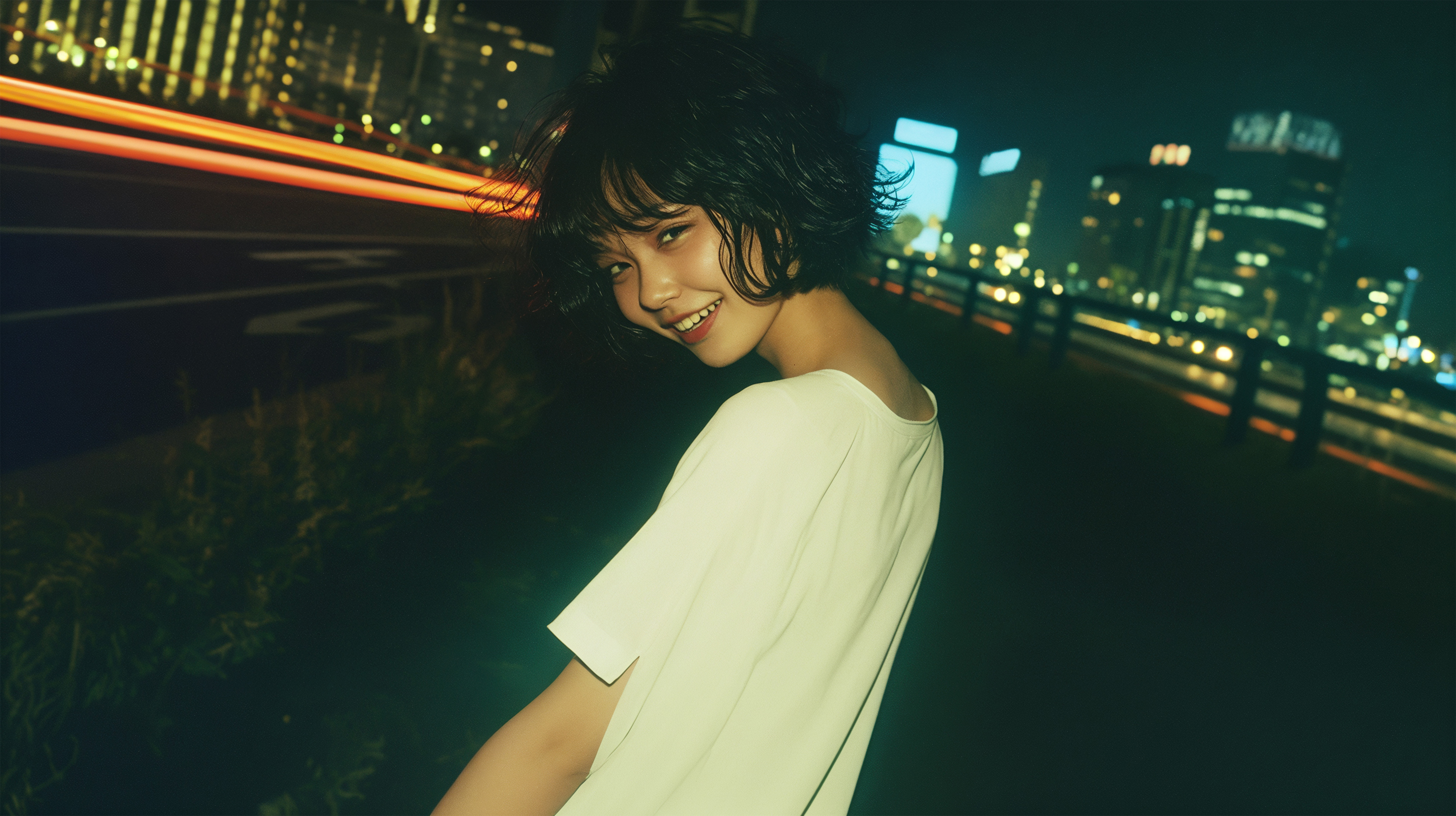 夜の街を歩くエモーショナルな女性のポートレート写真風素材 no.3