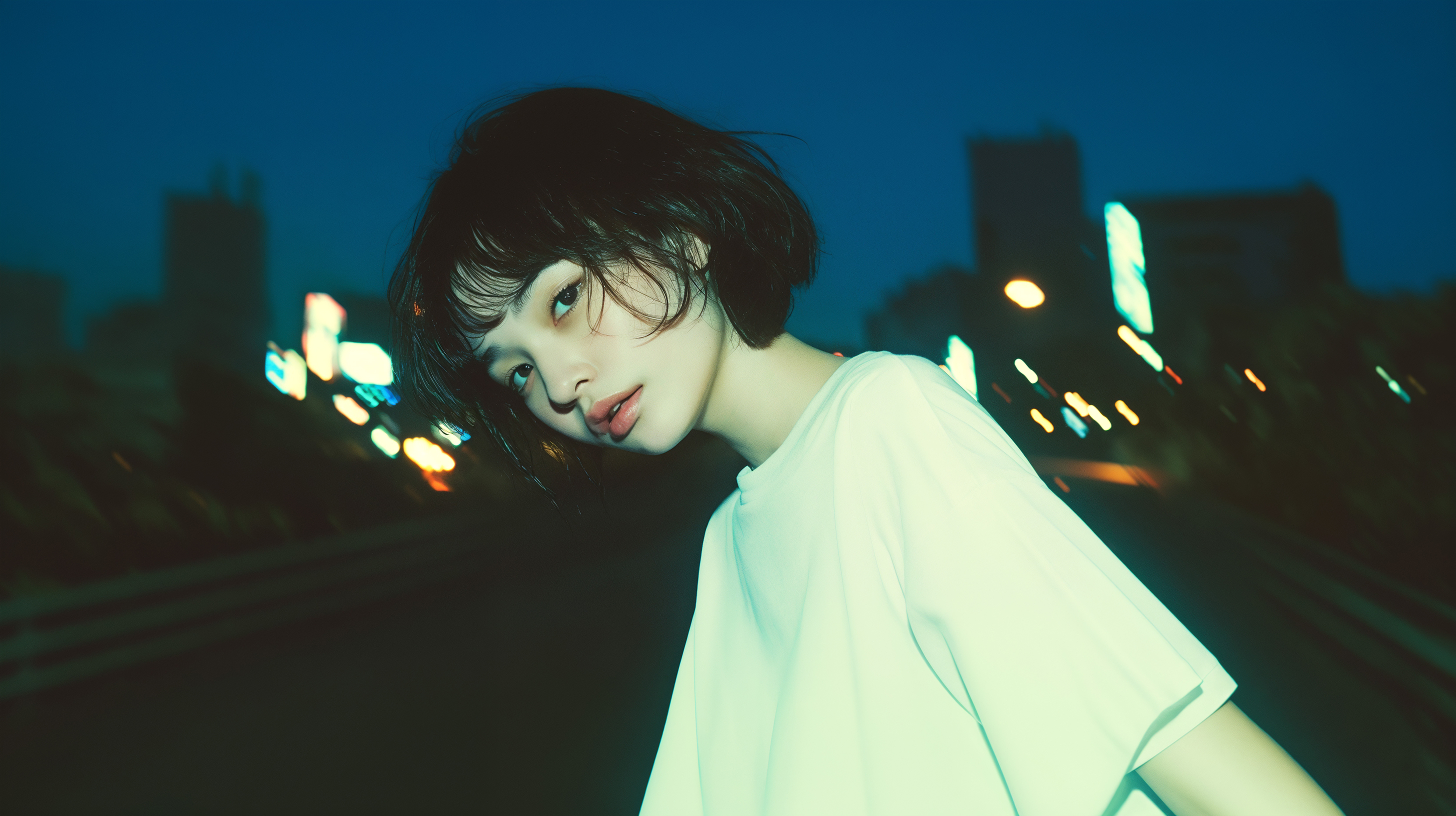 夜の街を歩くエモーショナルな女性のポートレート写真風素材 no.5